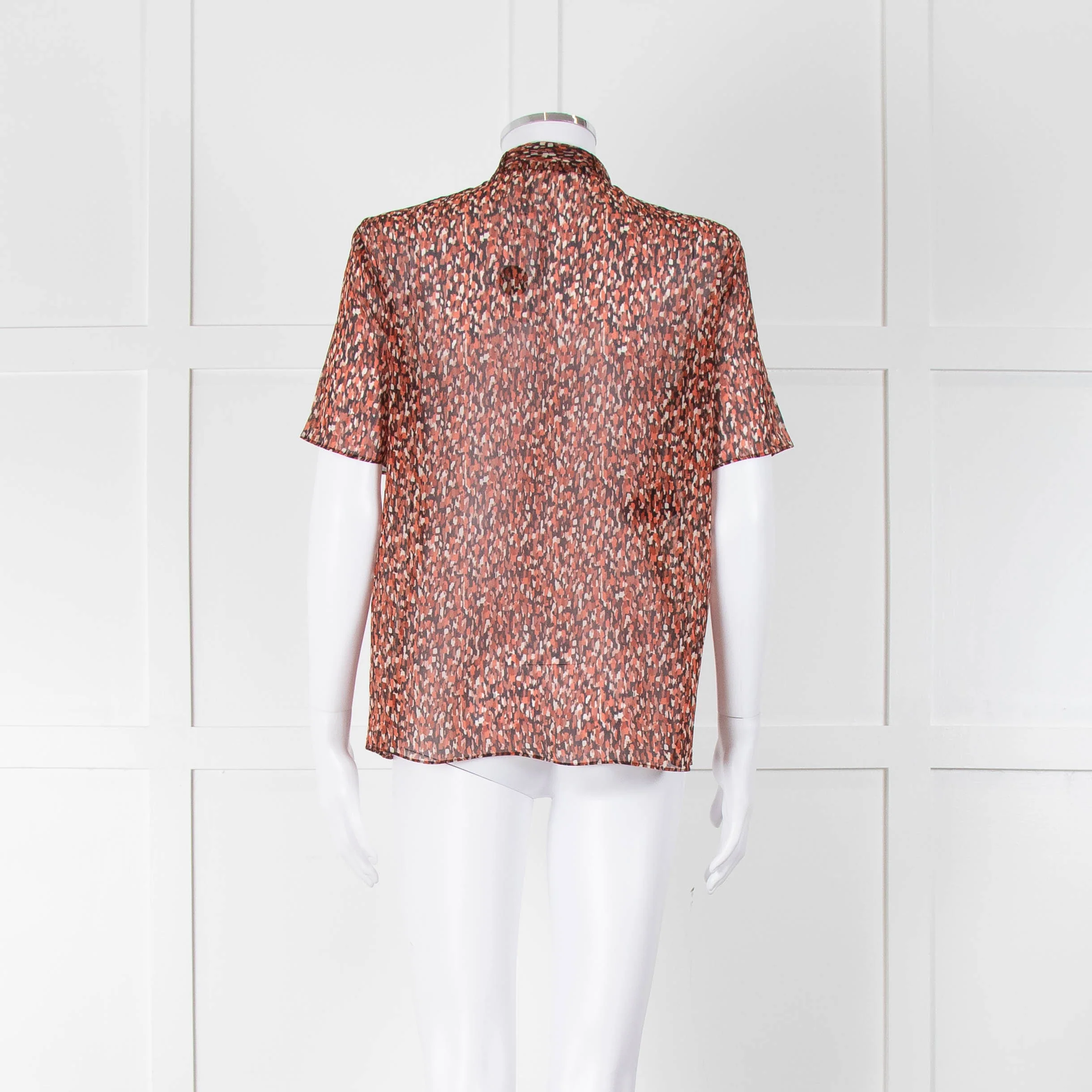 Strenesse Orange Brown Sheer Neck Tie Short Sleeve Top - Image 5