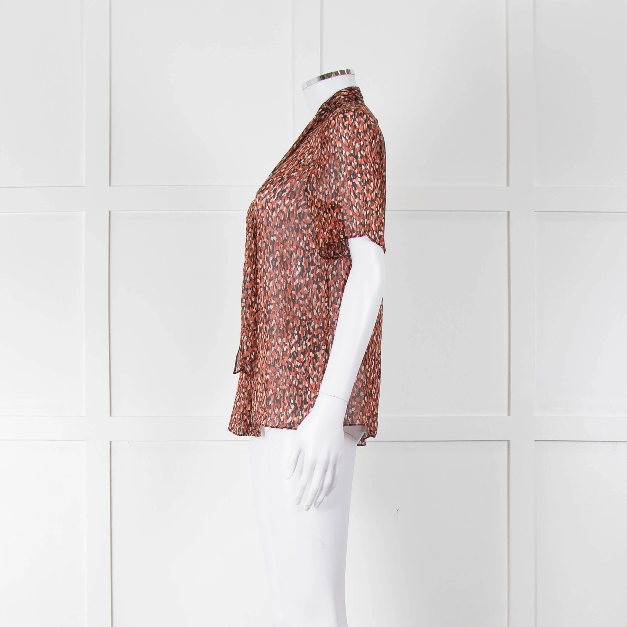 Strenesse Orange Brown Sheer Neck Tie Short Sleeve Top - Image 7