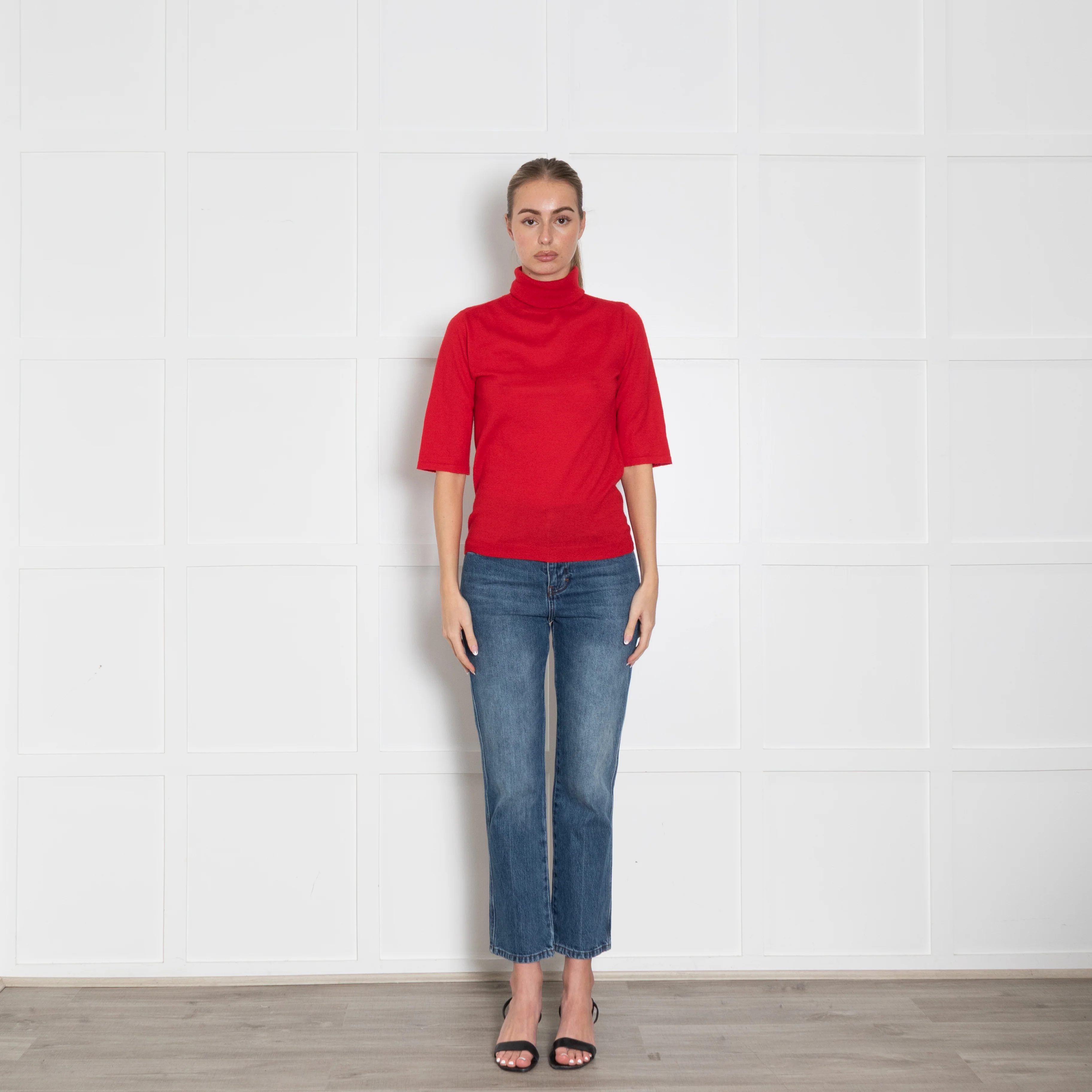 Strenesse Red Cashmere Short Sleeve Roll Neck Sweater