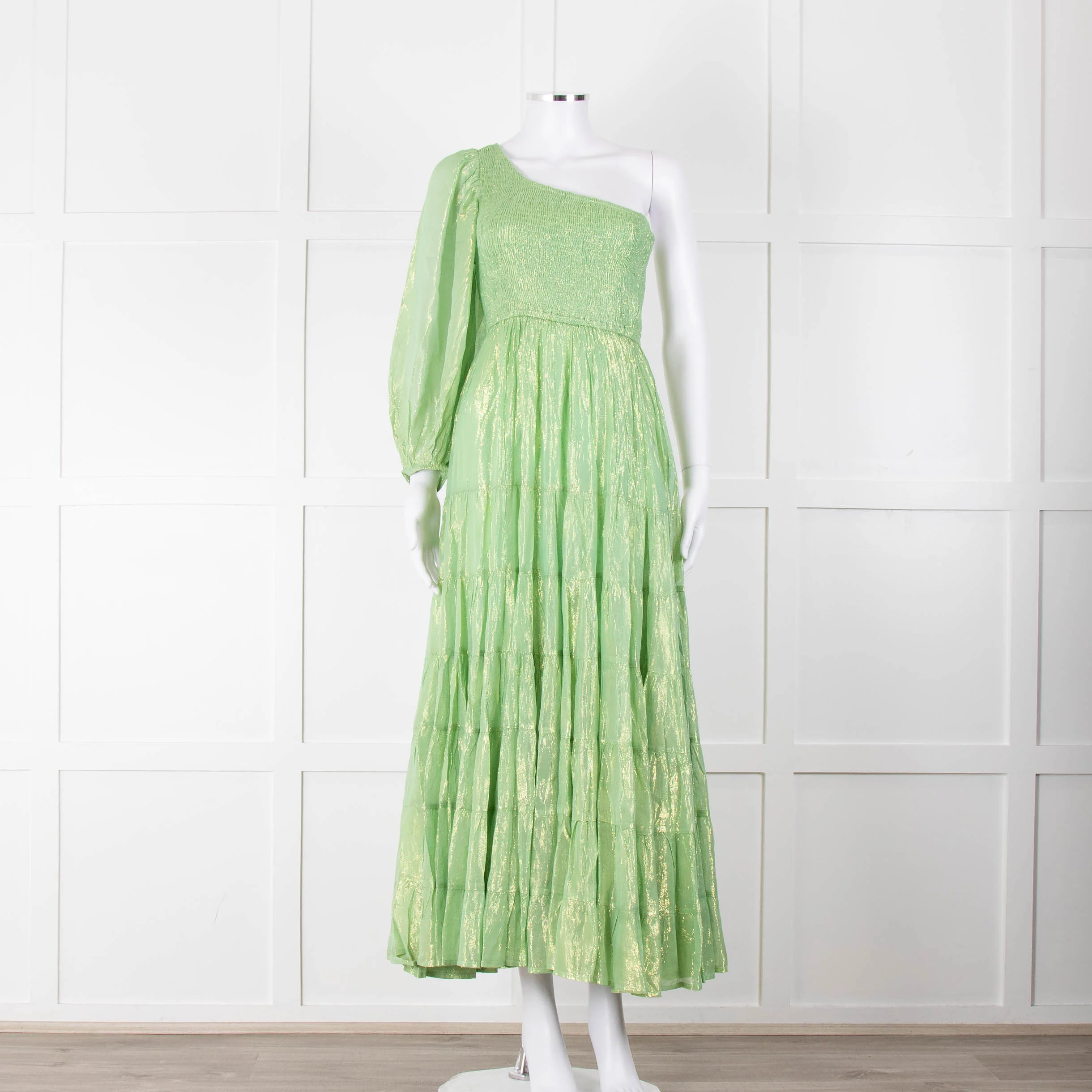 Sundress Green and Gold Lurex Smocked One Shoulder Maxi Dress