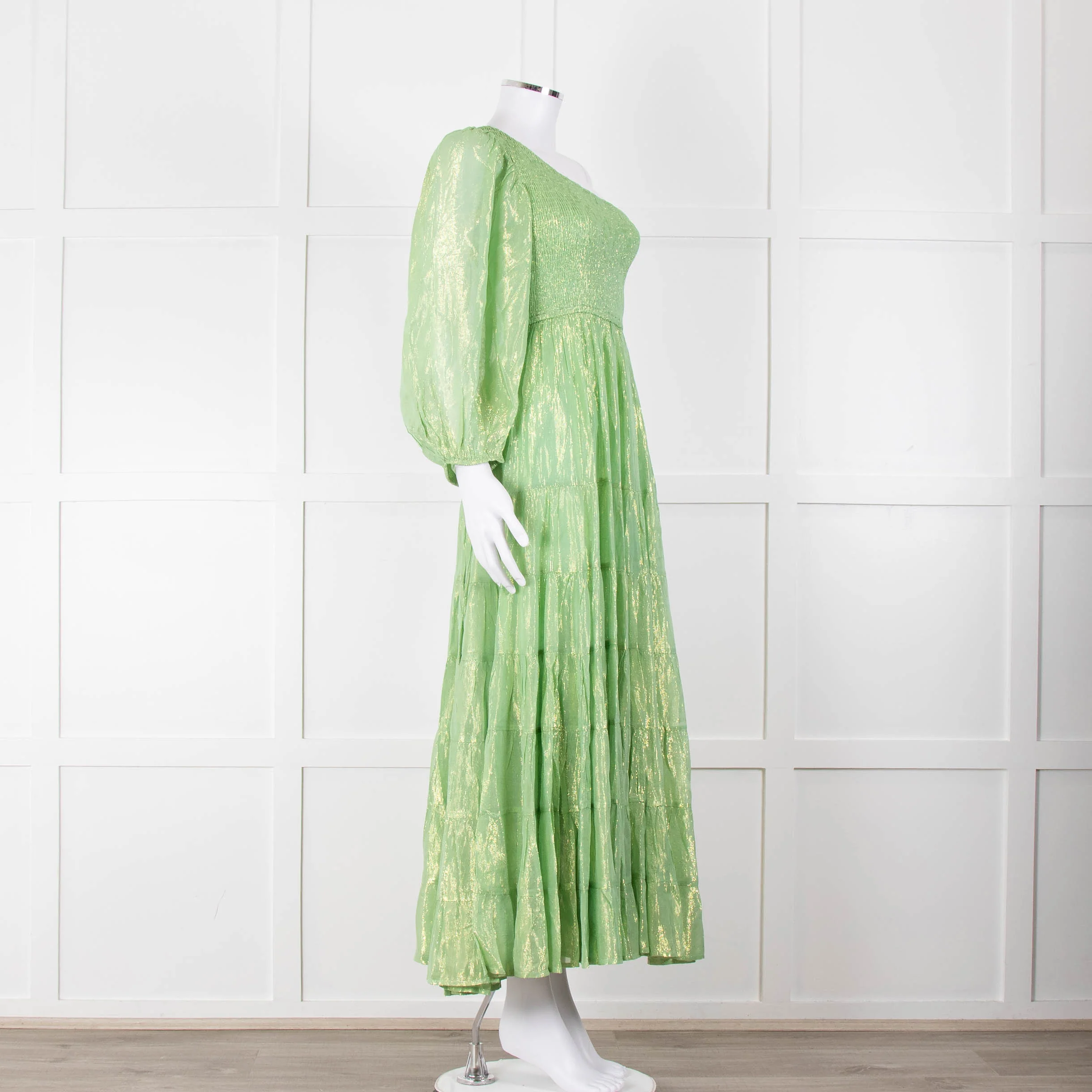 Sundress Green and Gold Lurex Smocked One Shoulder Maxi Dress - Image 2