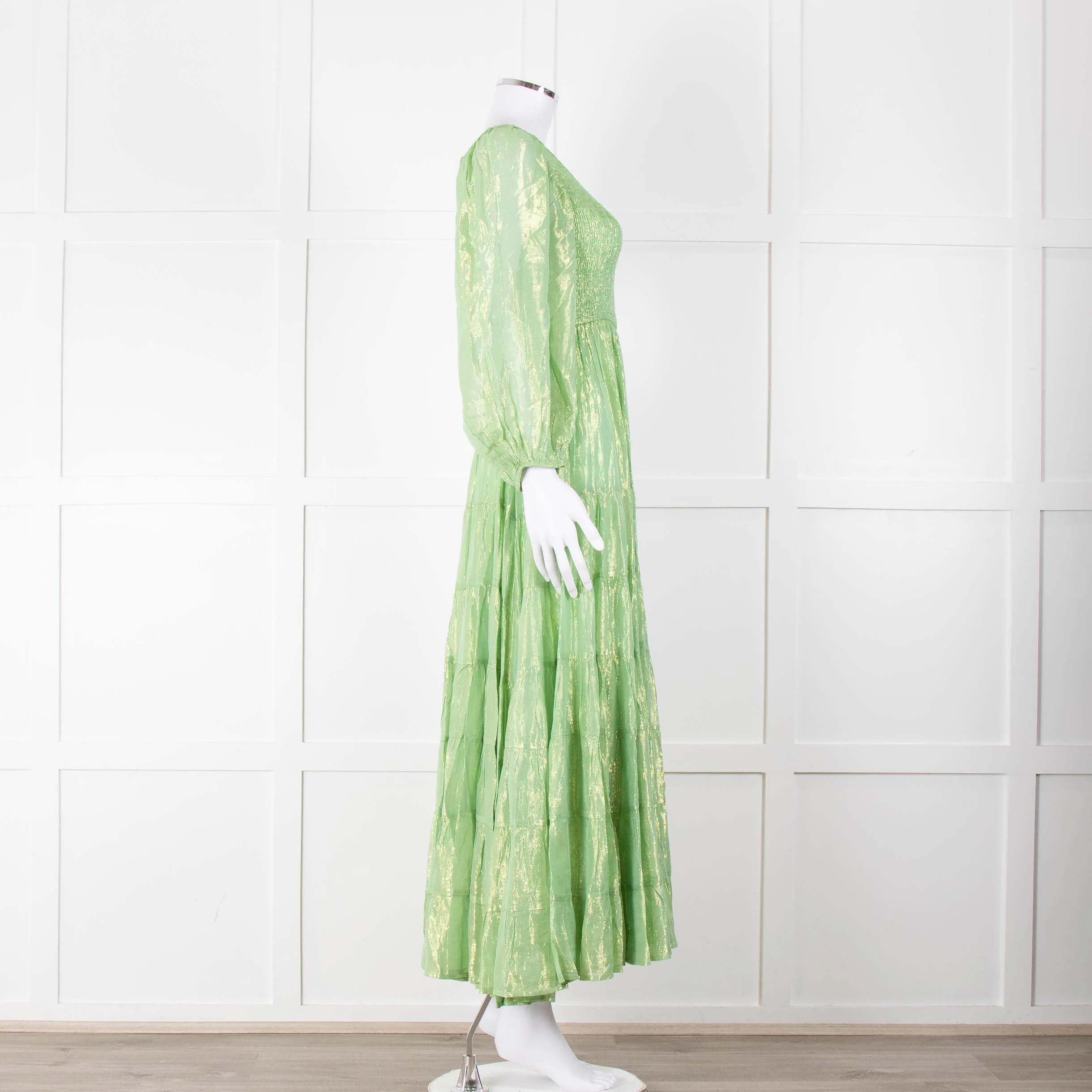 Sundress Green and Gold Lurex Smocked One Shoulder Maxi Dress - Image 3