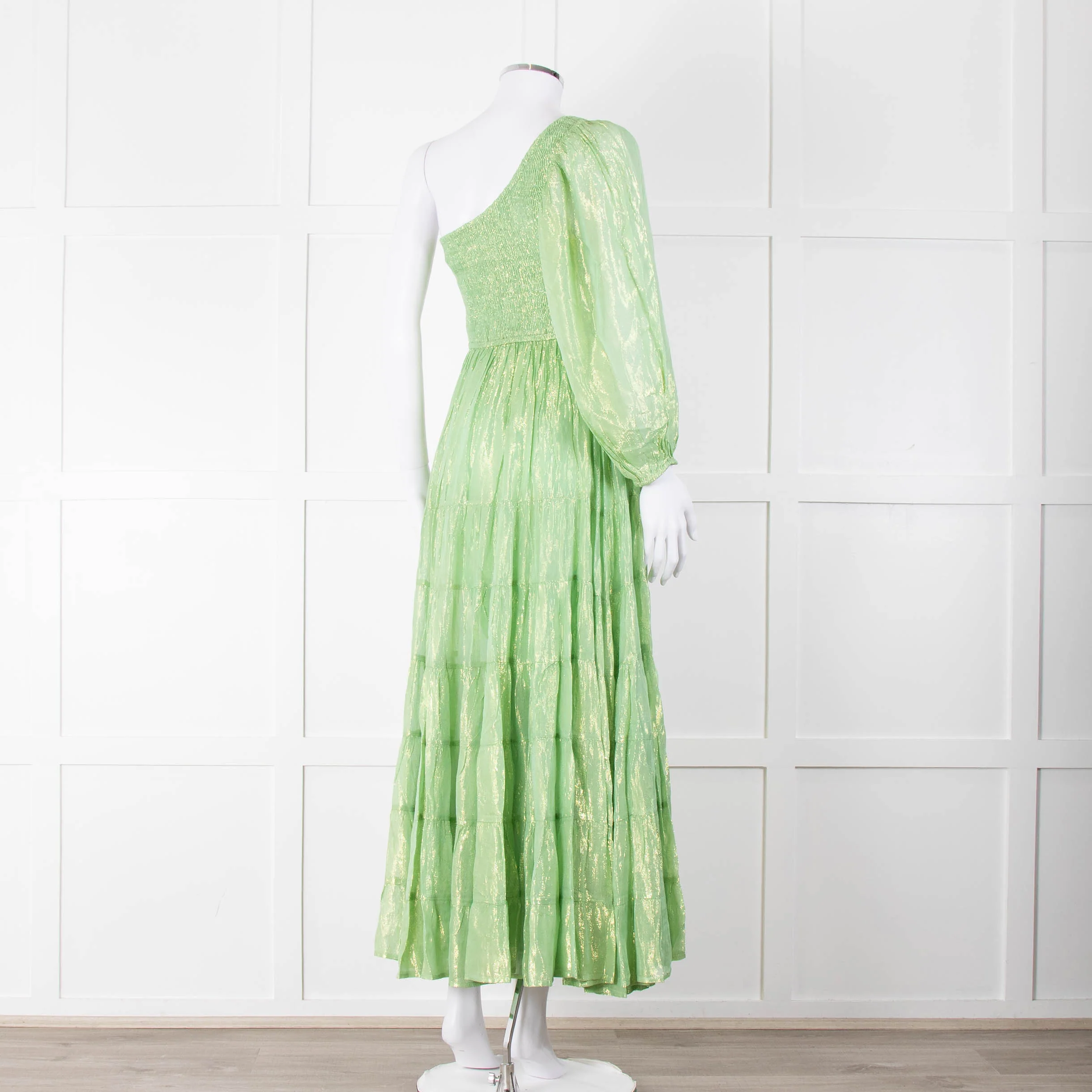 Sundress Green and Gold Lurex Smocked One Shoulder Maxi Dress - Image 4
