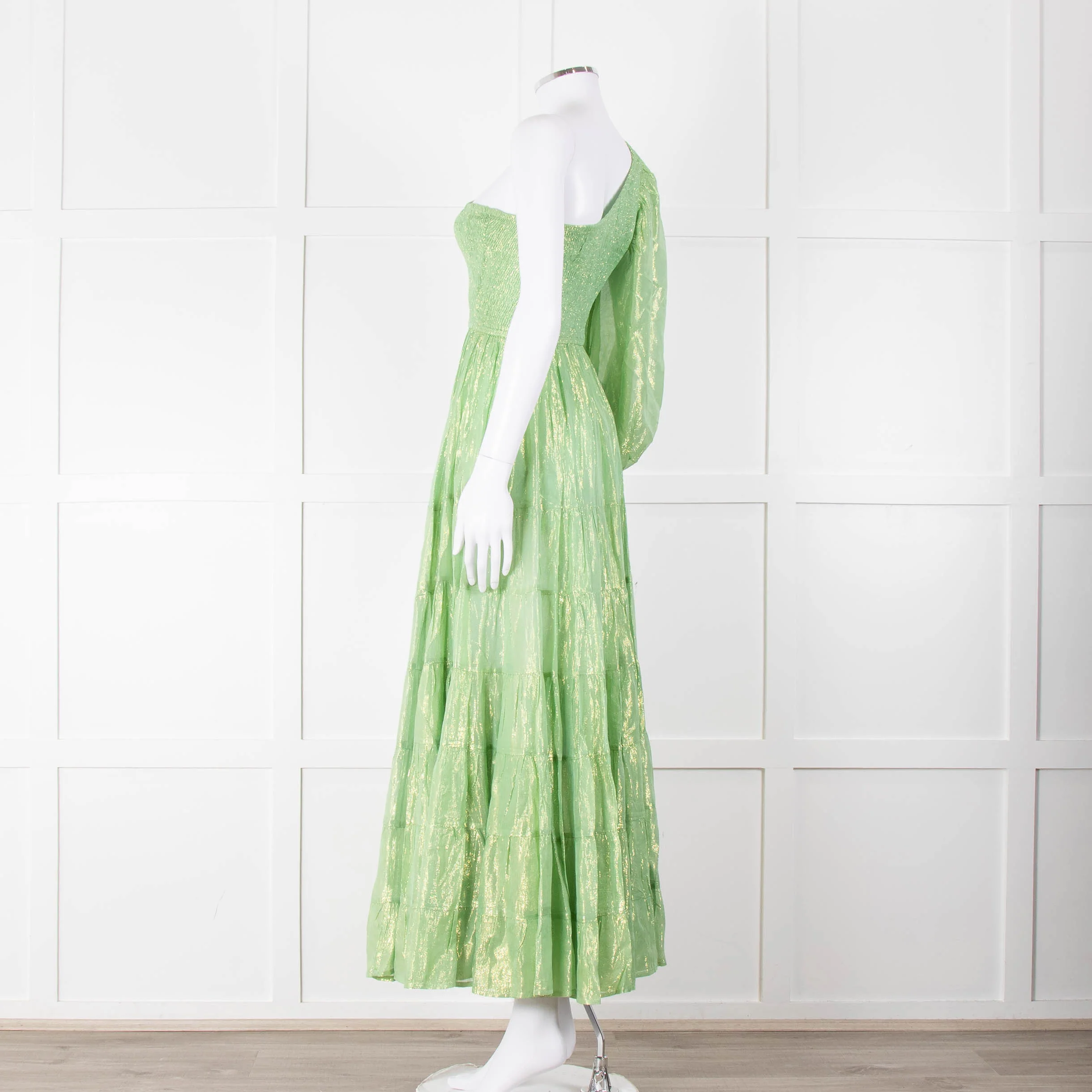 Sundress Green and Gold Lurex Smocked One Shoulder Maxi Dress - Image 6