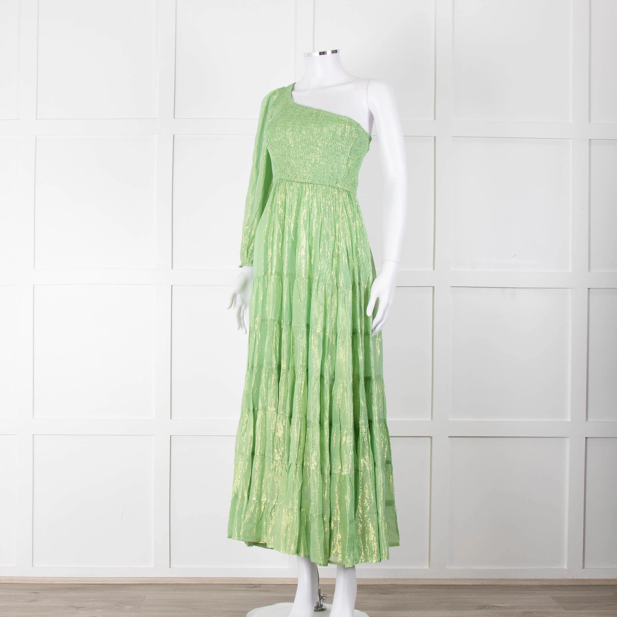 Sundress Green and Gold Lurex Smocked One Shoulder Maxi Dress - Image 8