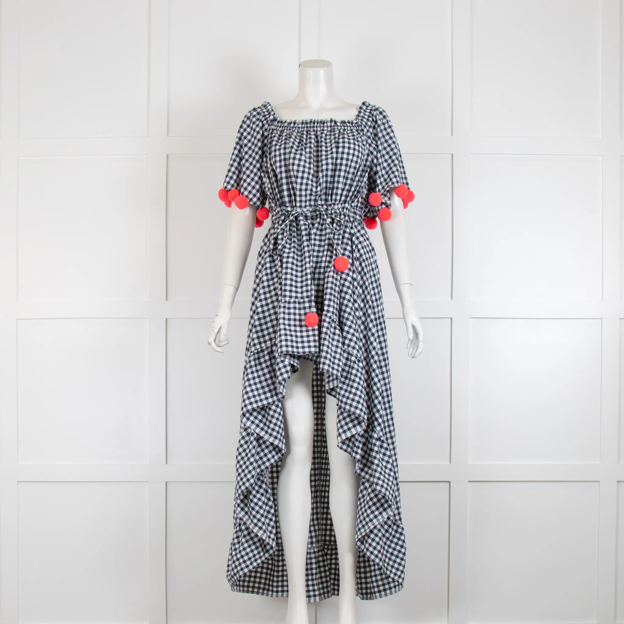 Sundress Navy & White Check Dress with Dipped Hem & Pom Poms