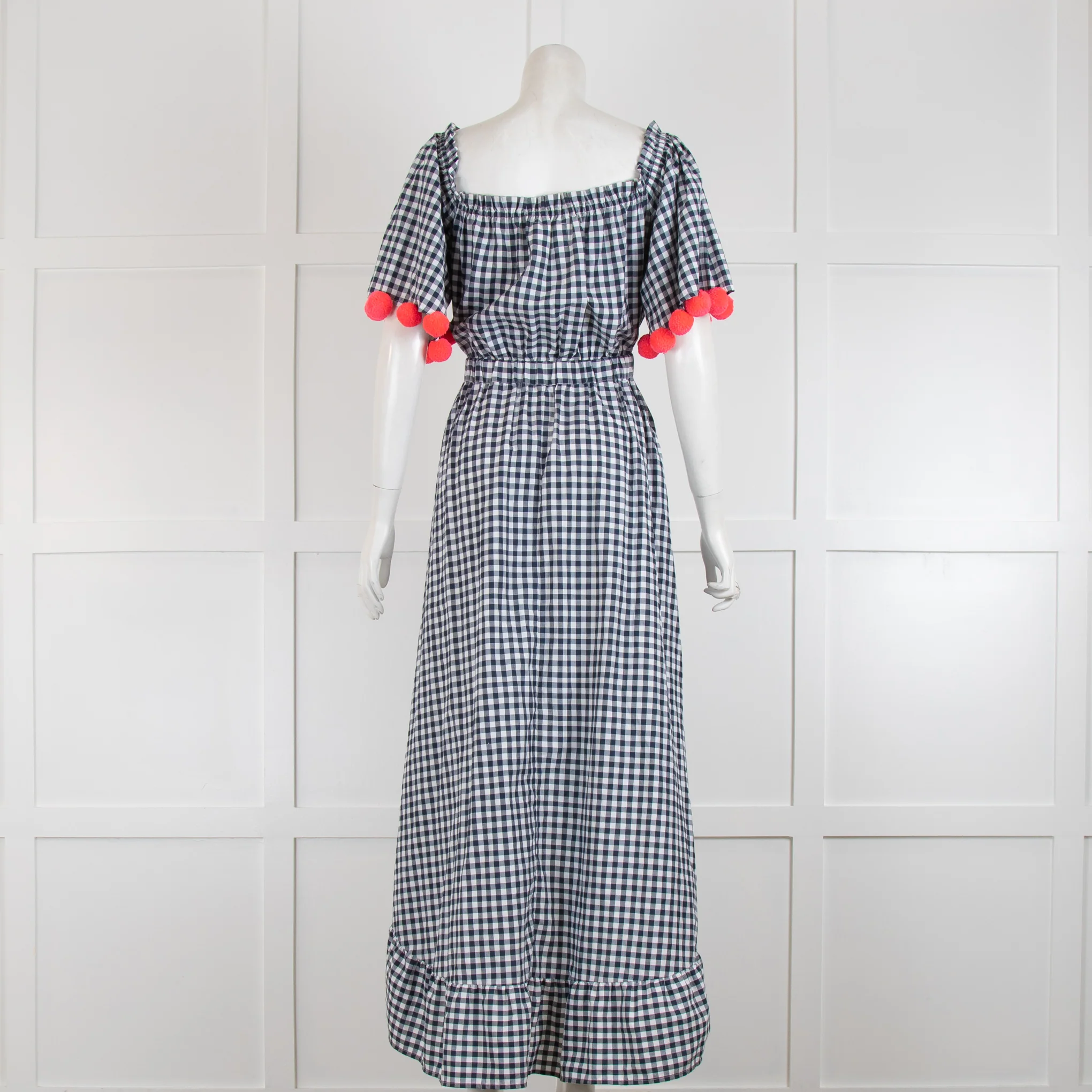 Sundress Navy & White Check Dress with Dipped Hem & Pom Poms - Image 3