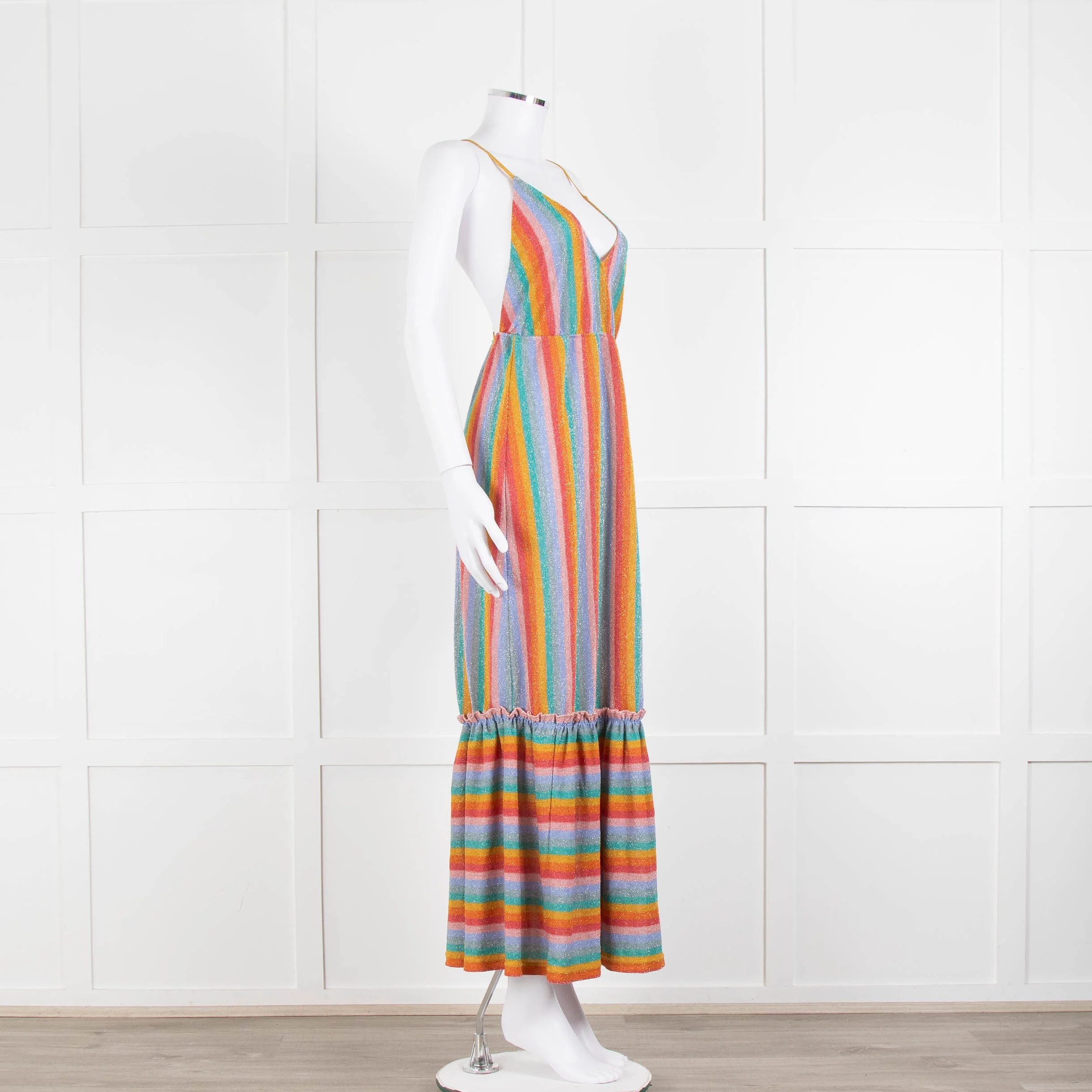 Sundress Peach Yellow Green Striped Lurex Sleeveless Peplum Maxi Dress - Image 2