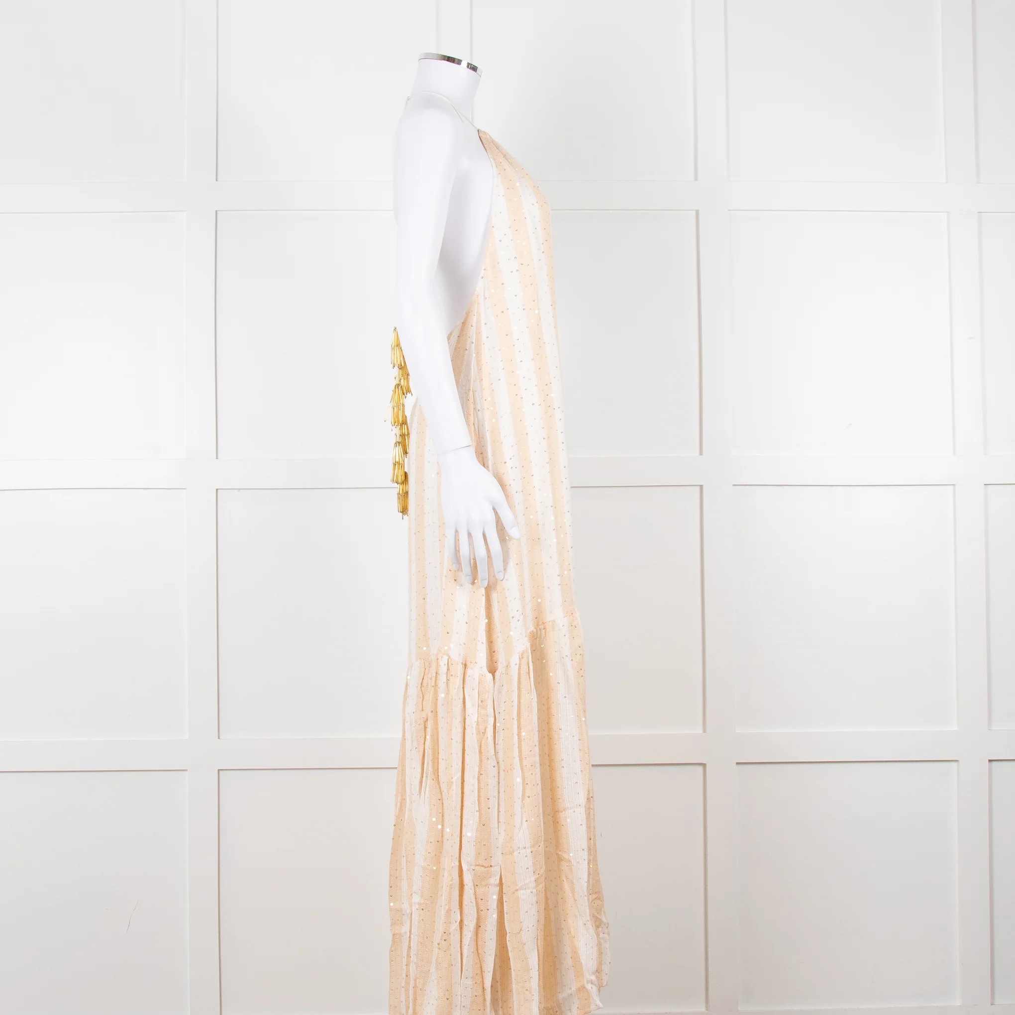 Sundress White and Beige Striped Dress with Sequin Detail - Image 3