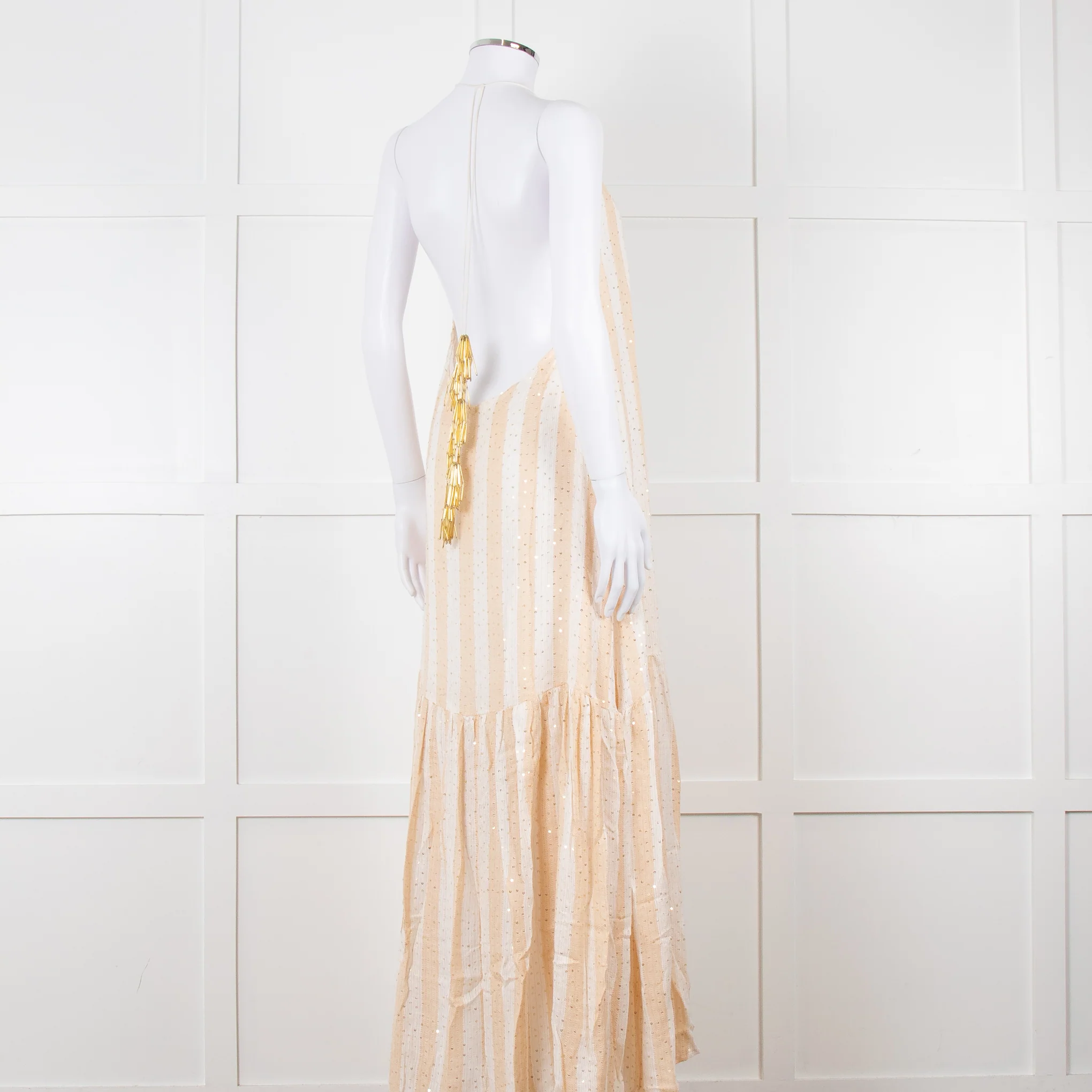 Sundress White and Beige Striped Dress with Sequin Detail - Image 4