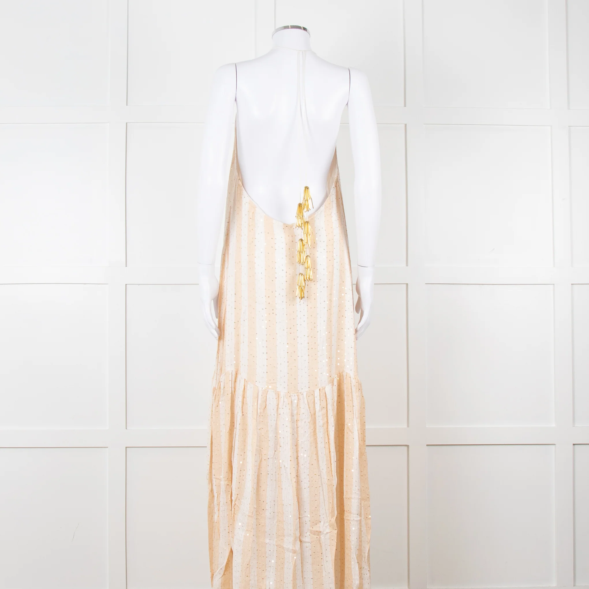 Sundress White and Beige Striped Dress with Sequin Detail - Image 5