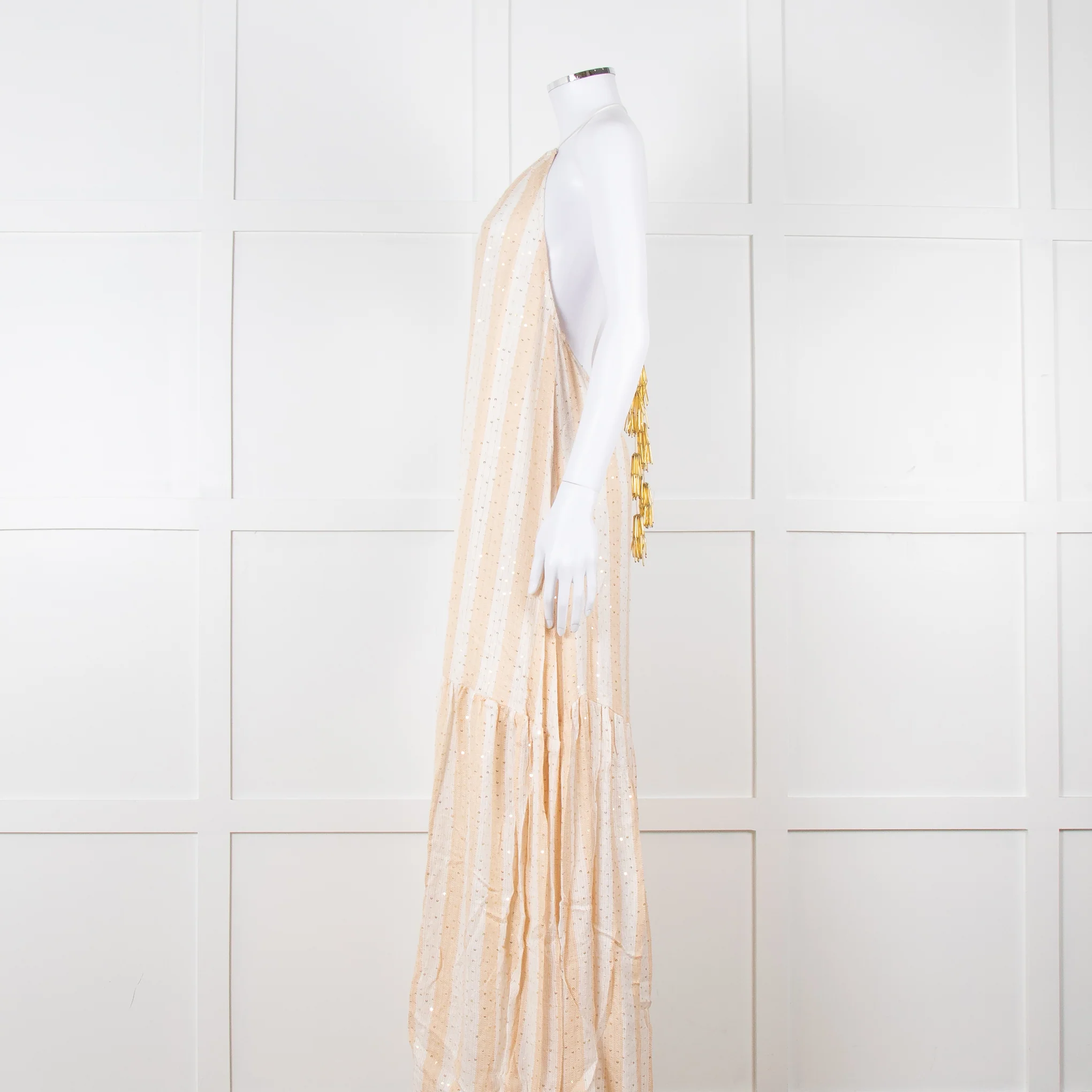 Sundress White and Beige Striped Dress with Sequin Detail - Image 7