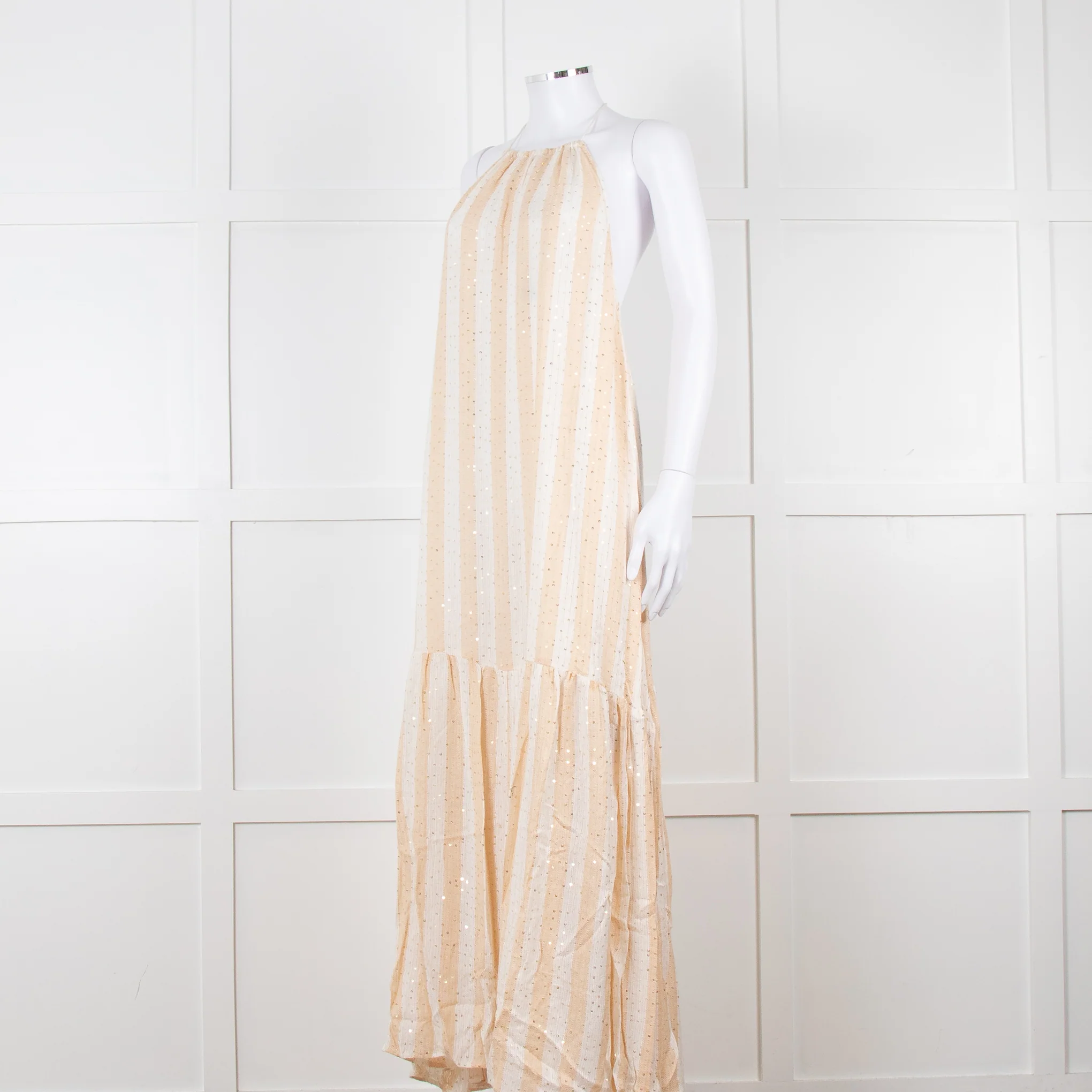Sundress White and Beige Striped Dress with Sequin Detail - Image 8