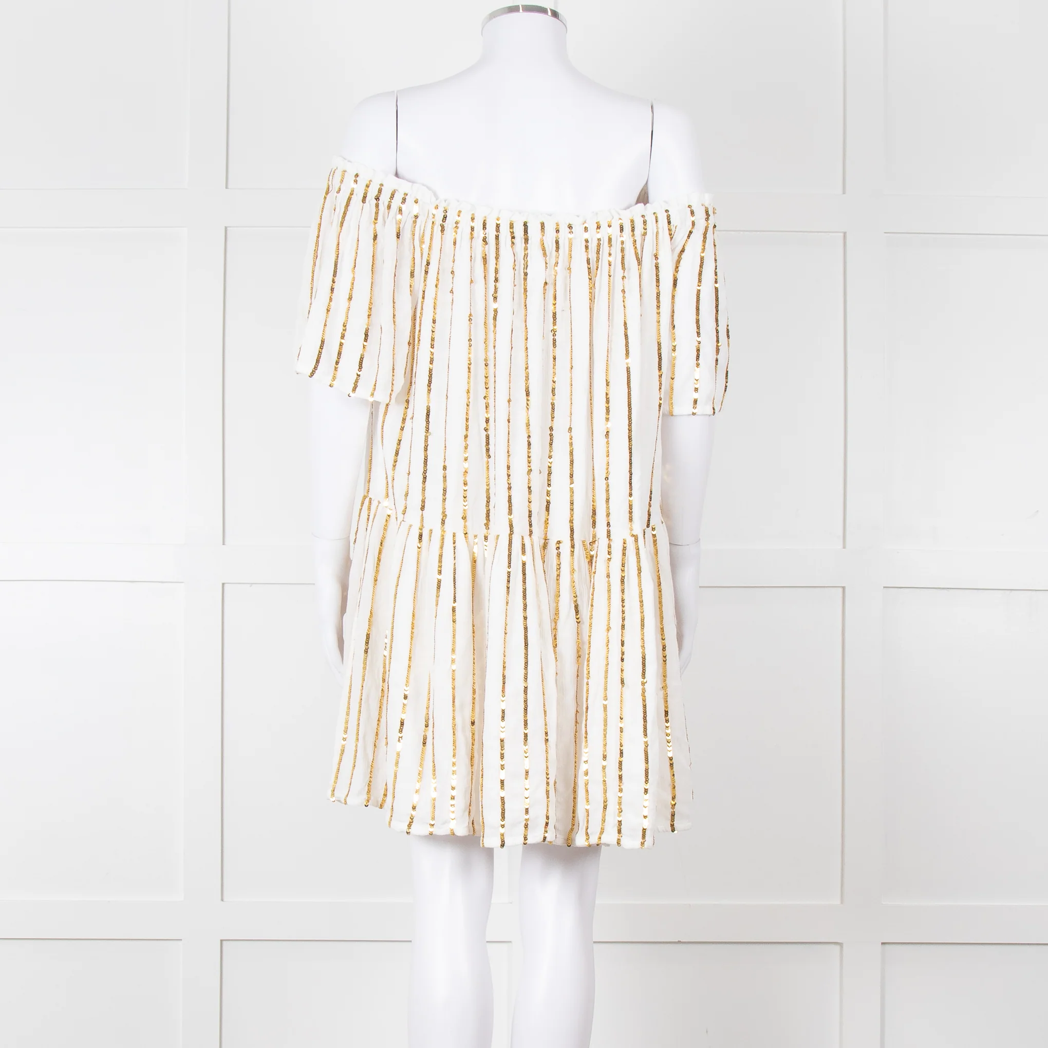 Sundress White Elaticated Off Shoulder Mini Dress with Gold Sequins - Image 5