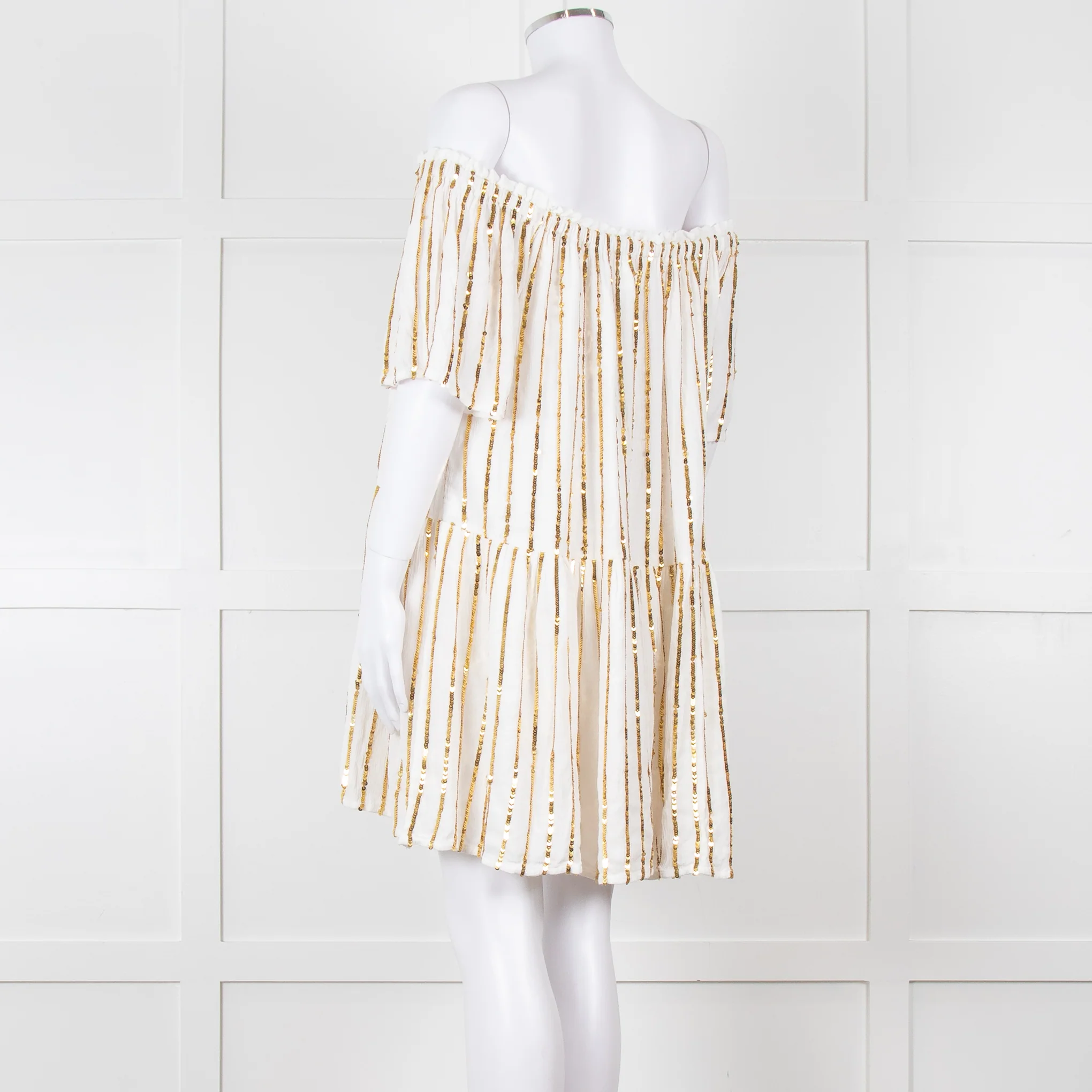 Sundress White Elaticated Off Shoulder Mini Dress with Gold Sequins - Image 6
