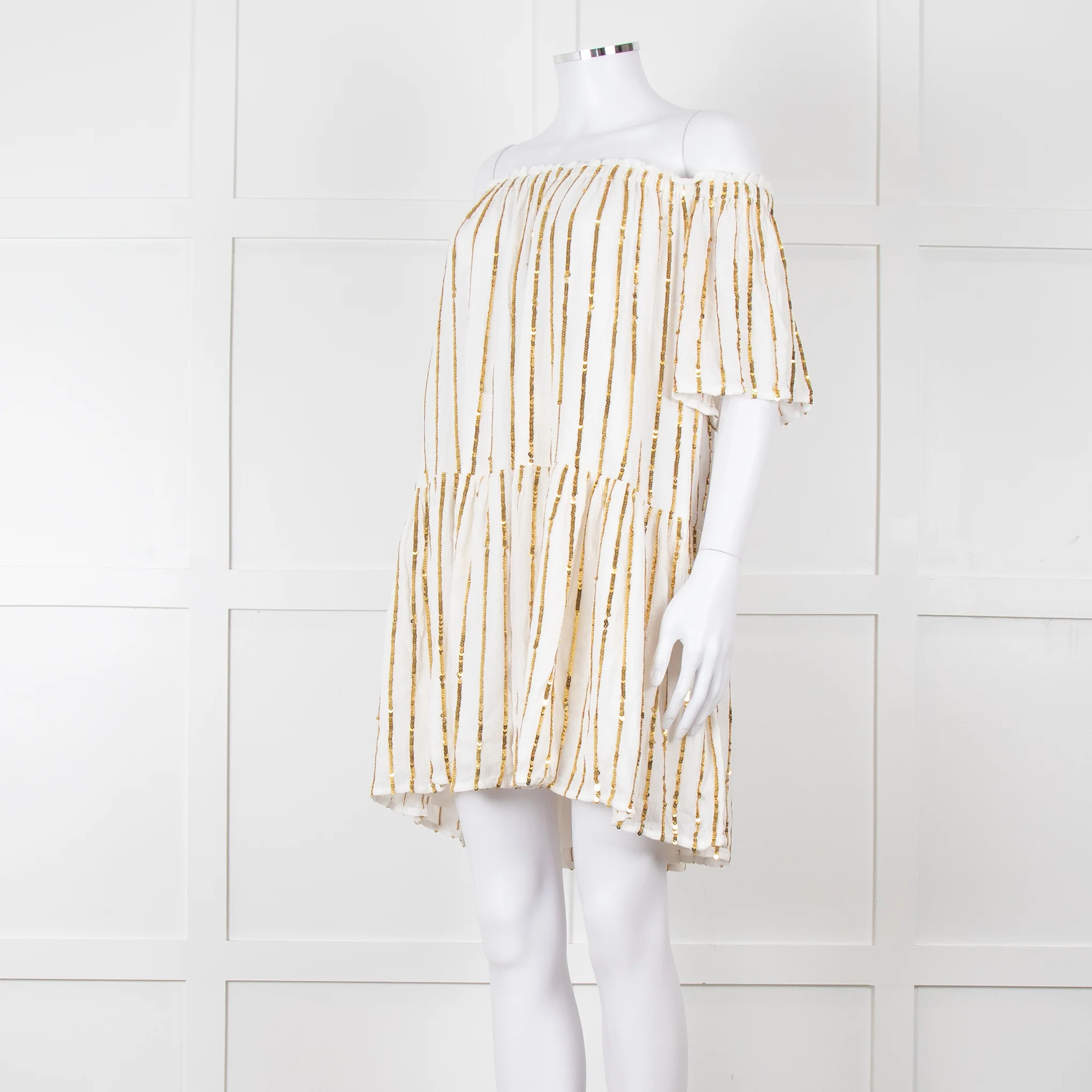 Sundress White Elaticated Off Shoulder Mini Dress with Gold Sequins - Image 8