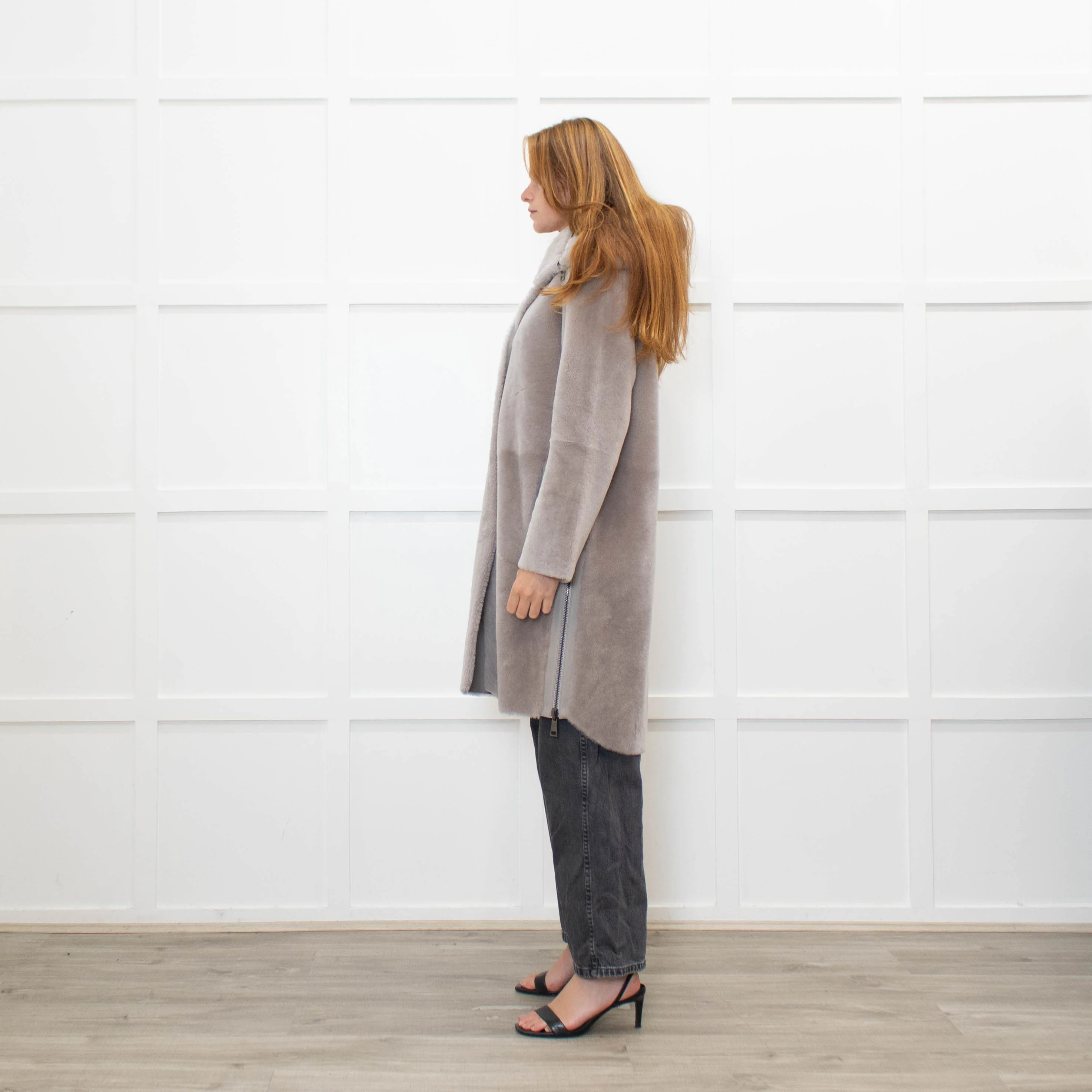 Suprema Grey Shearling Reversible Hooded Coat - Image 4