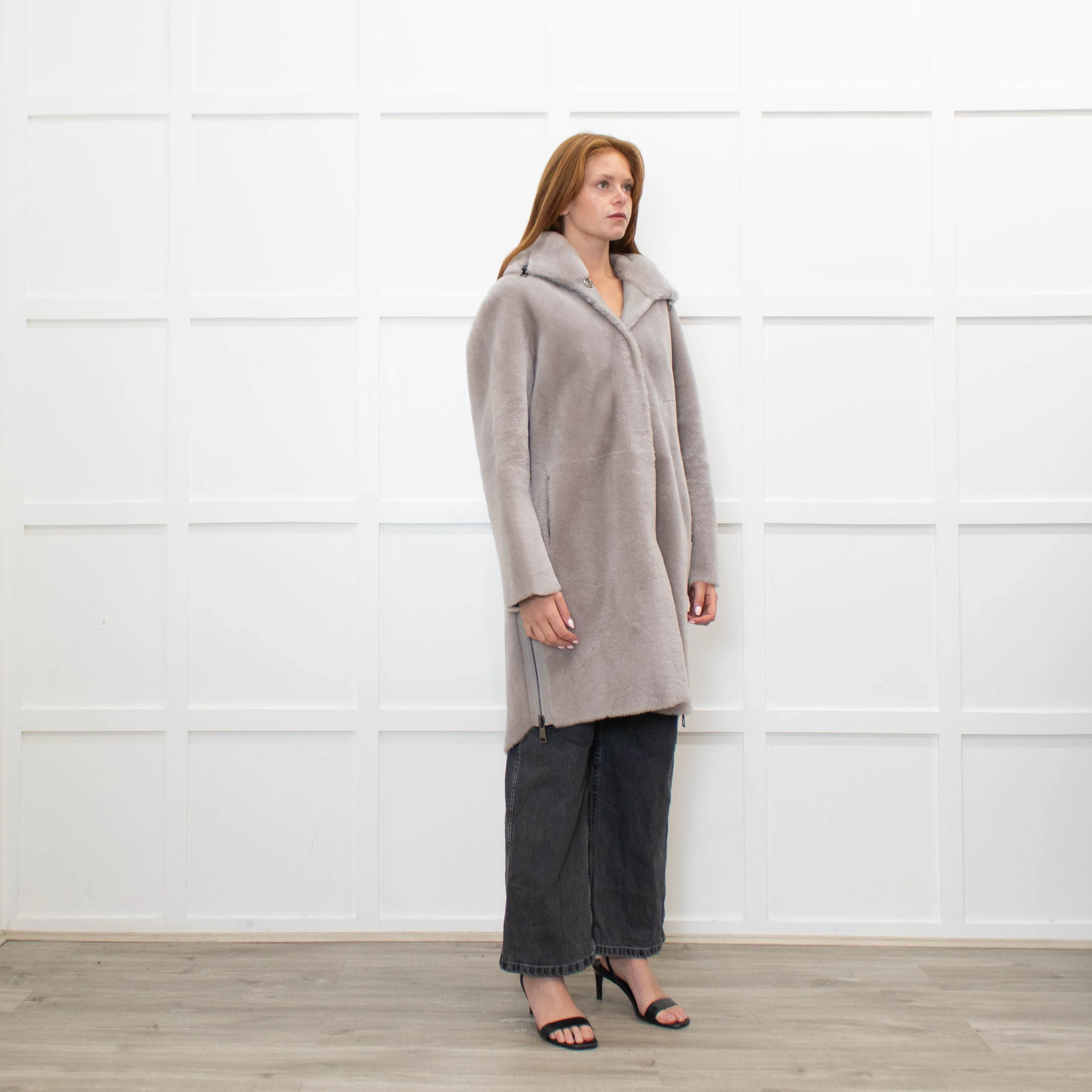 Suprema Grey Shearling Reversible Hooded Coat - Image 7