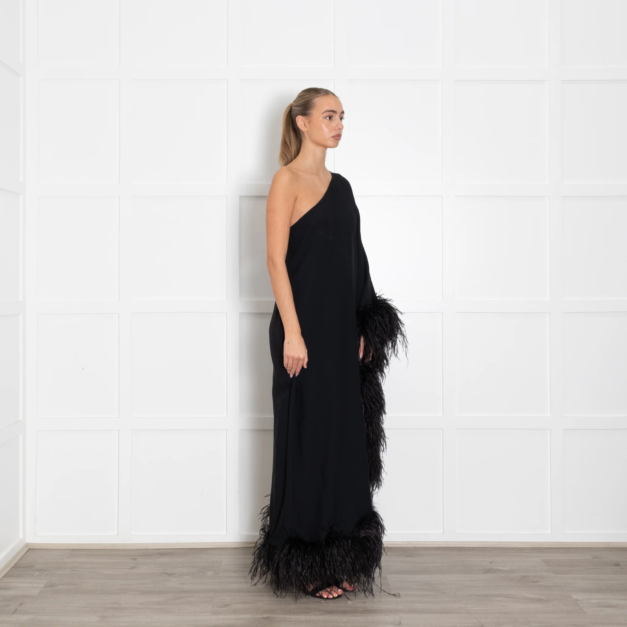 Taller Marmo Black One Shoulder Feathered Eternity Dress - Image 7