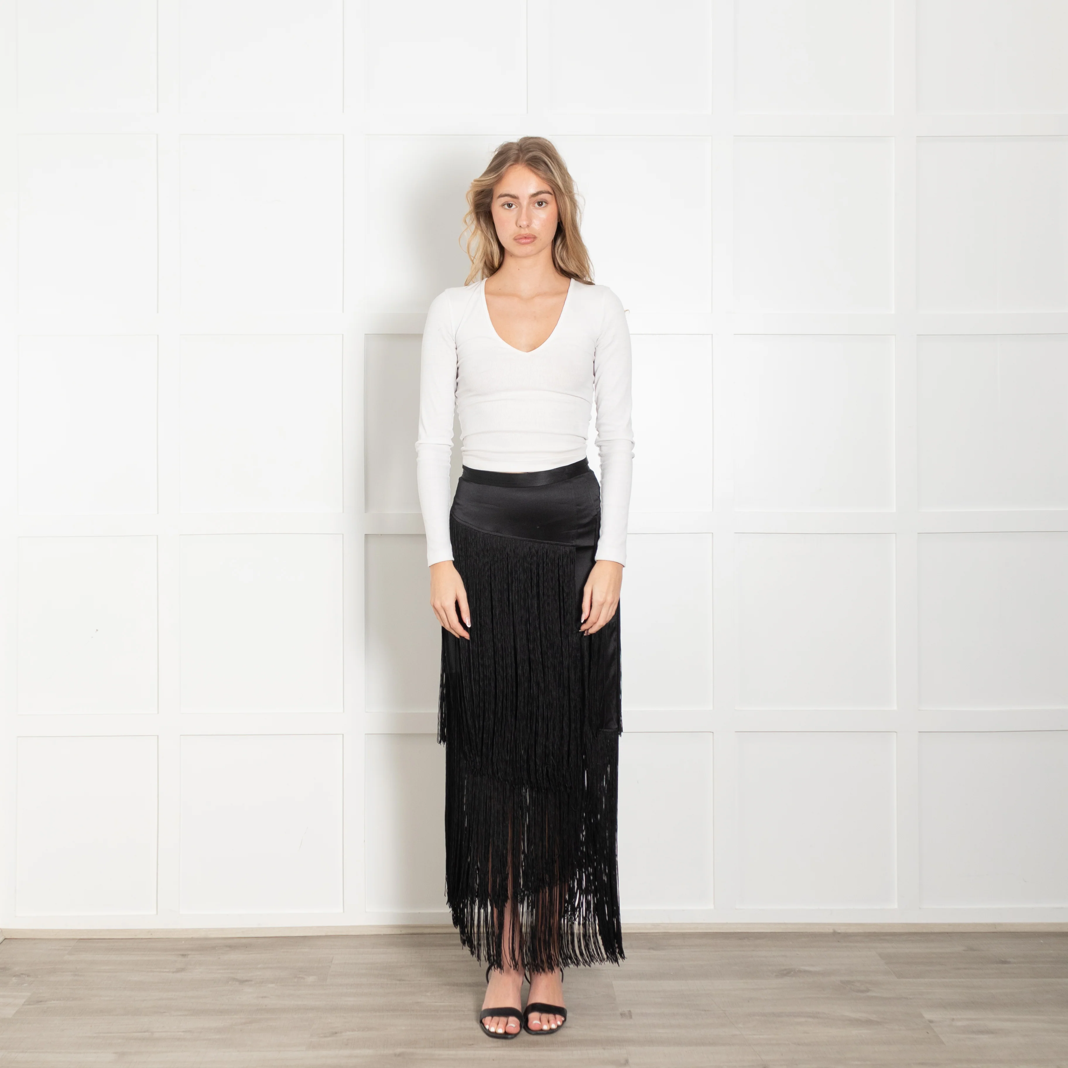 Tamara Mellon Black Silk Fringed Skirt