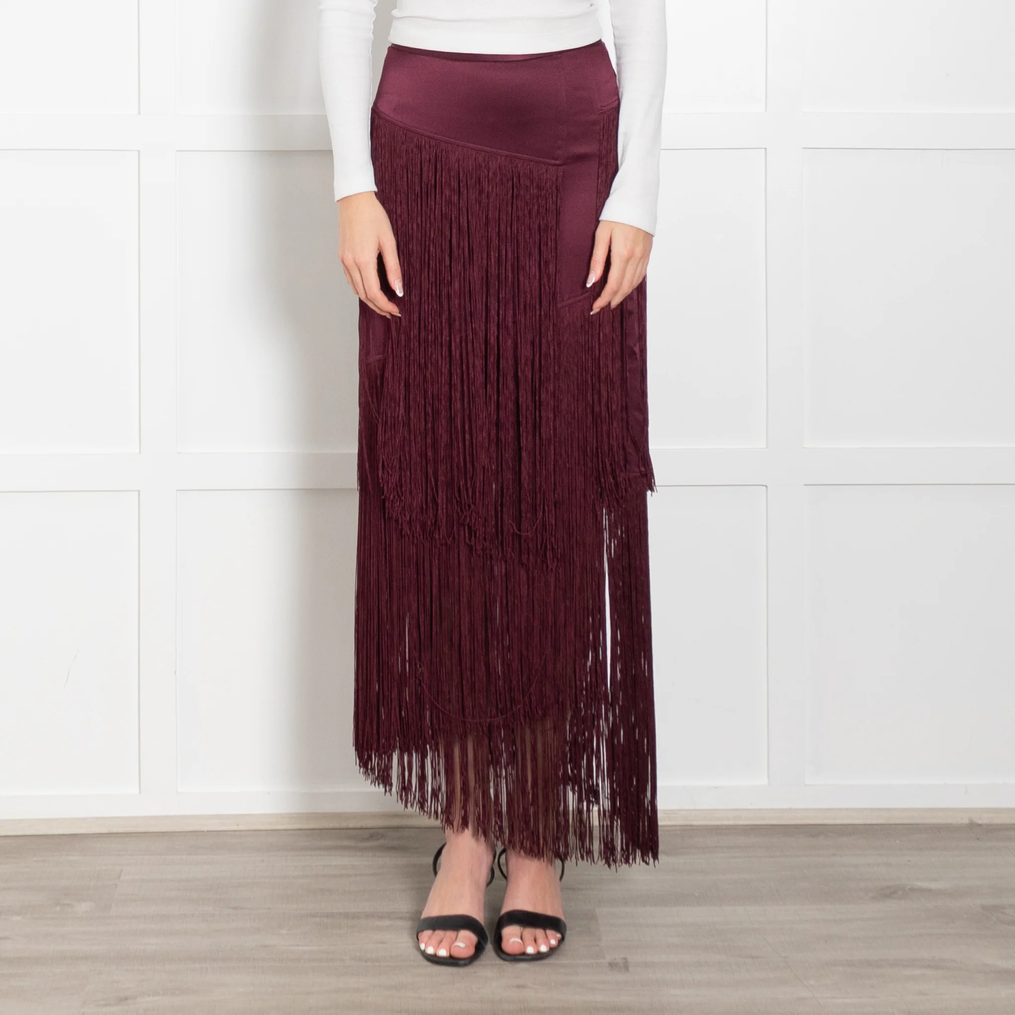 Tamara Mellon Burgundy Silk Fringed Midi Skirt - Image 2