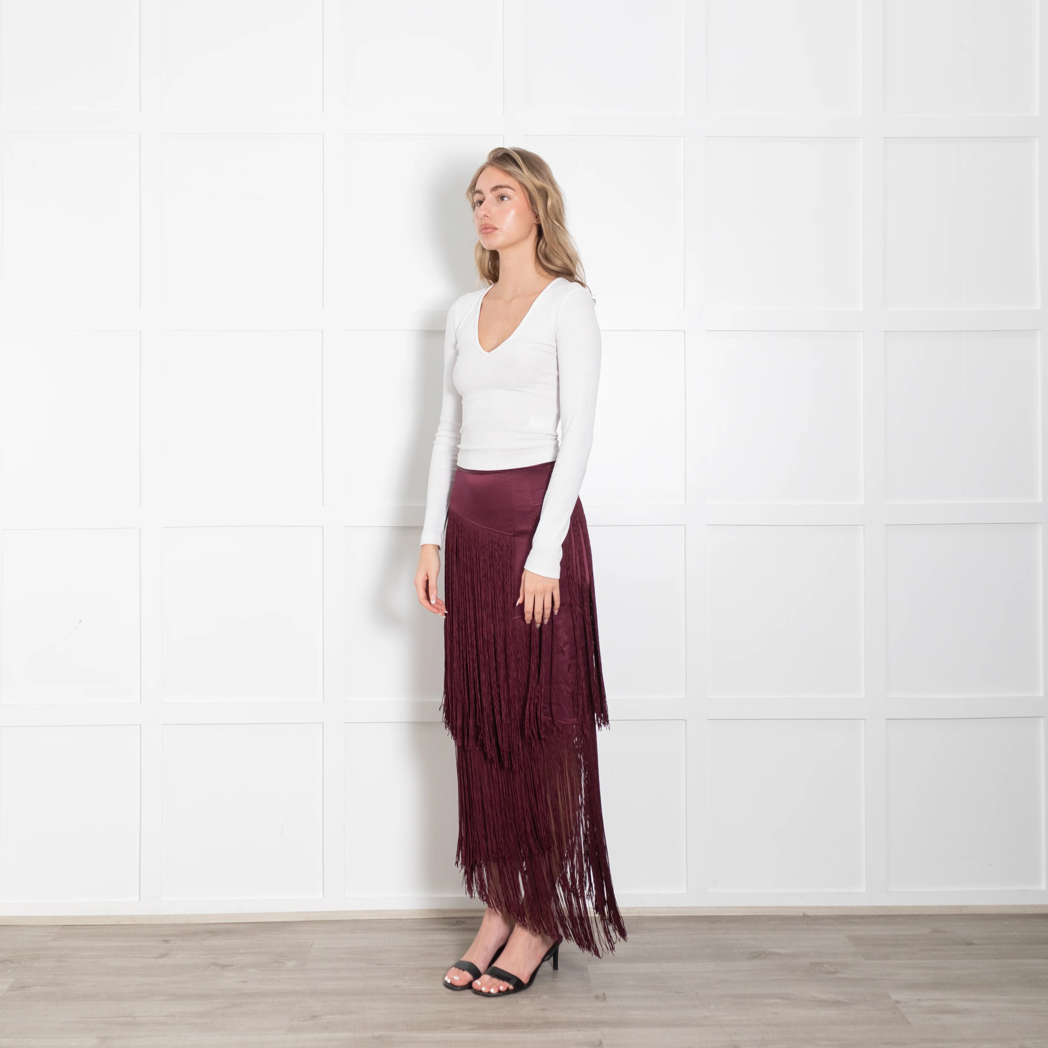 Tamara Mellon Burgundy Silk Fringed Midi Skirt - Image 3