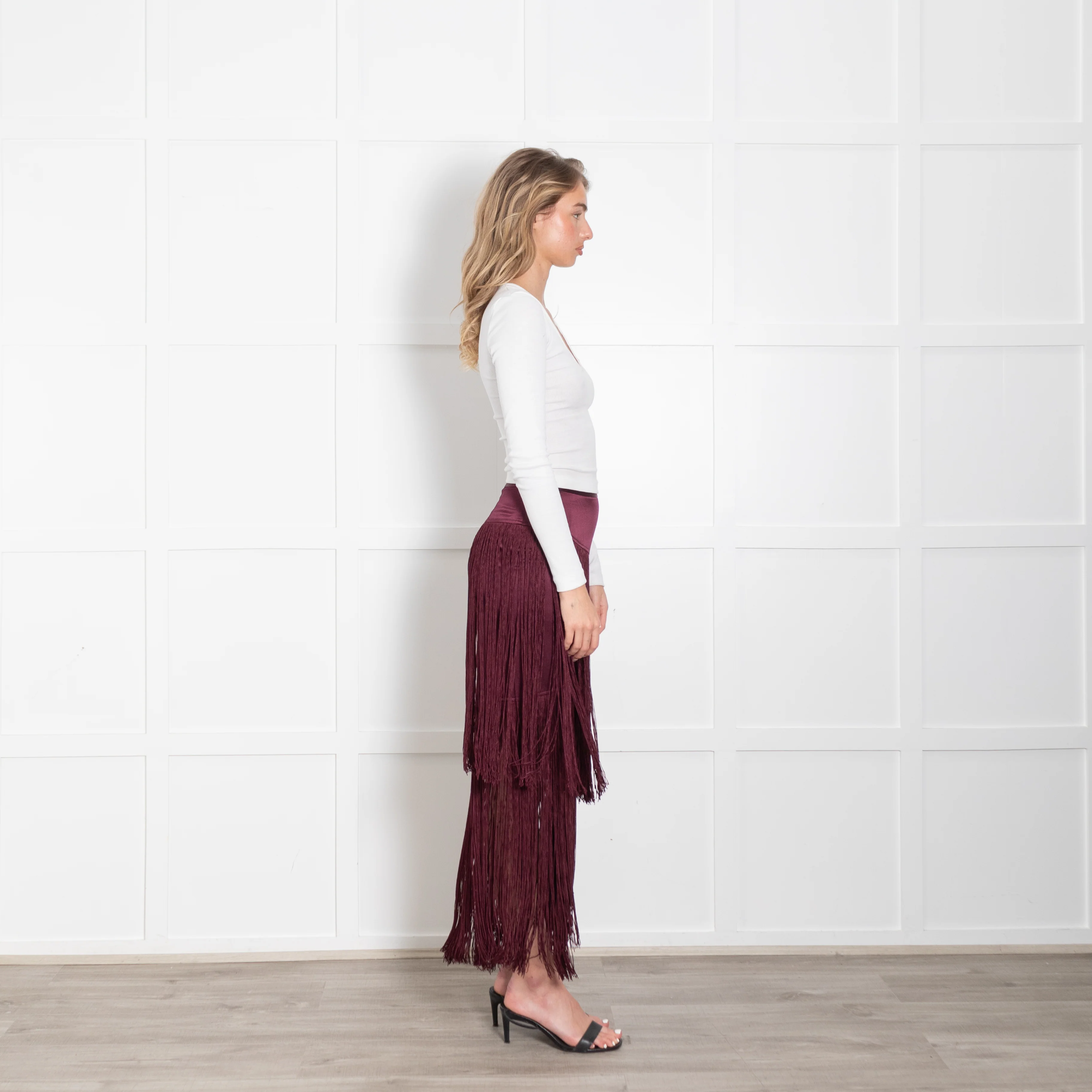 Tamara Mellon Burgundy Silk Fringed Midi Skirt - Image 6