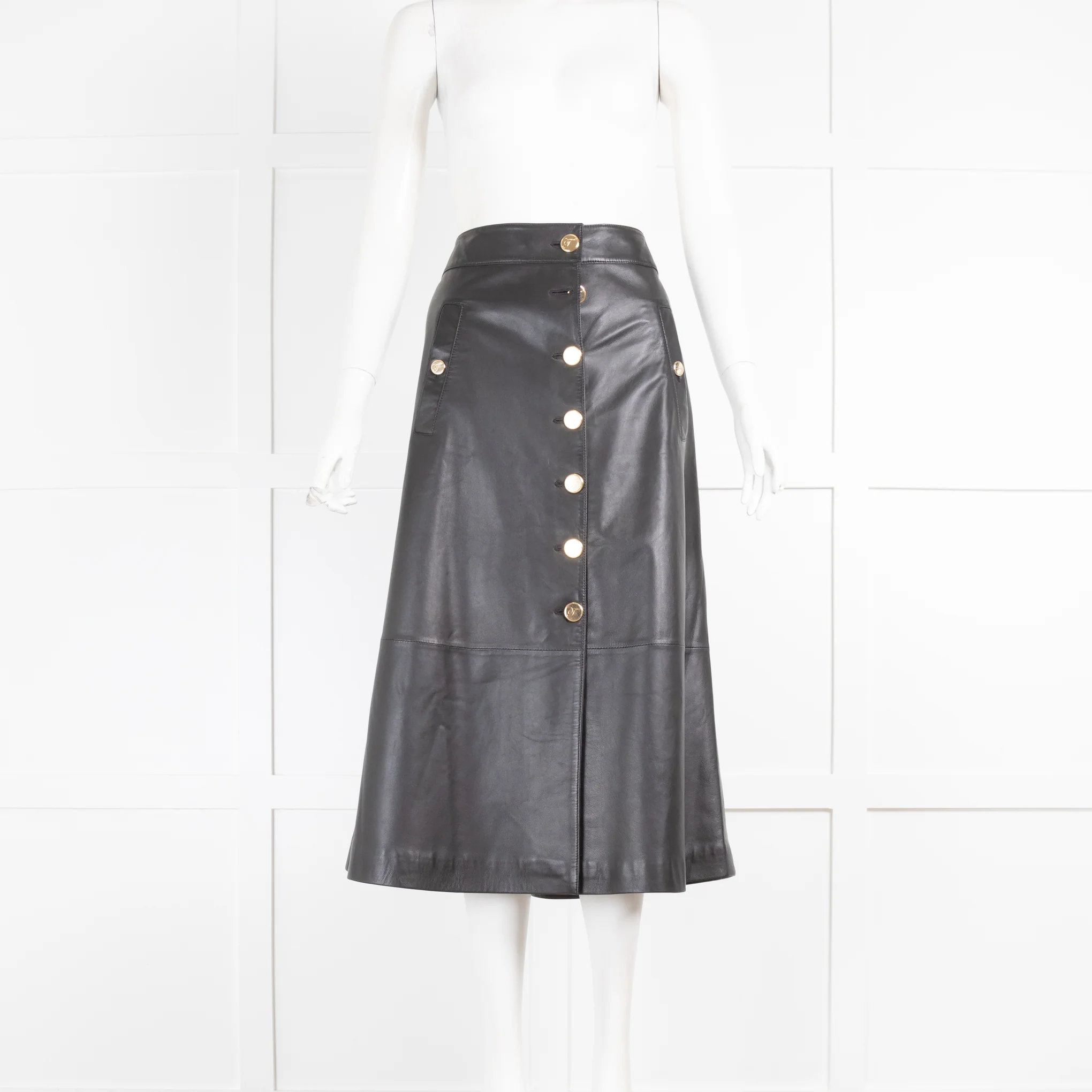 Temperley Black Leather Skirt with Gold Buttons