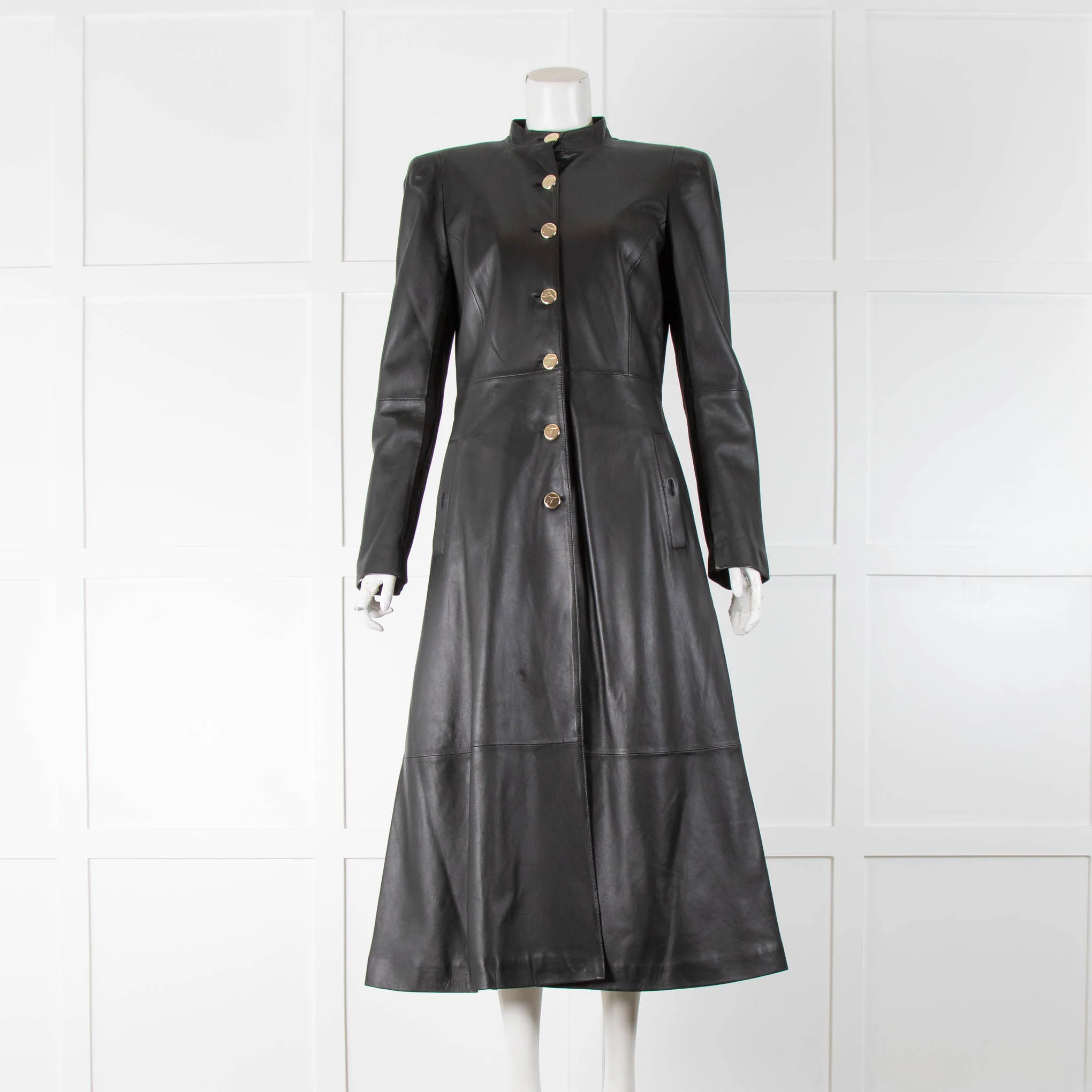 Temperley Black Leather Coat Gold Buttons