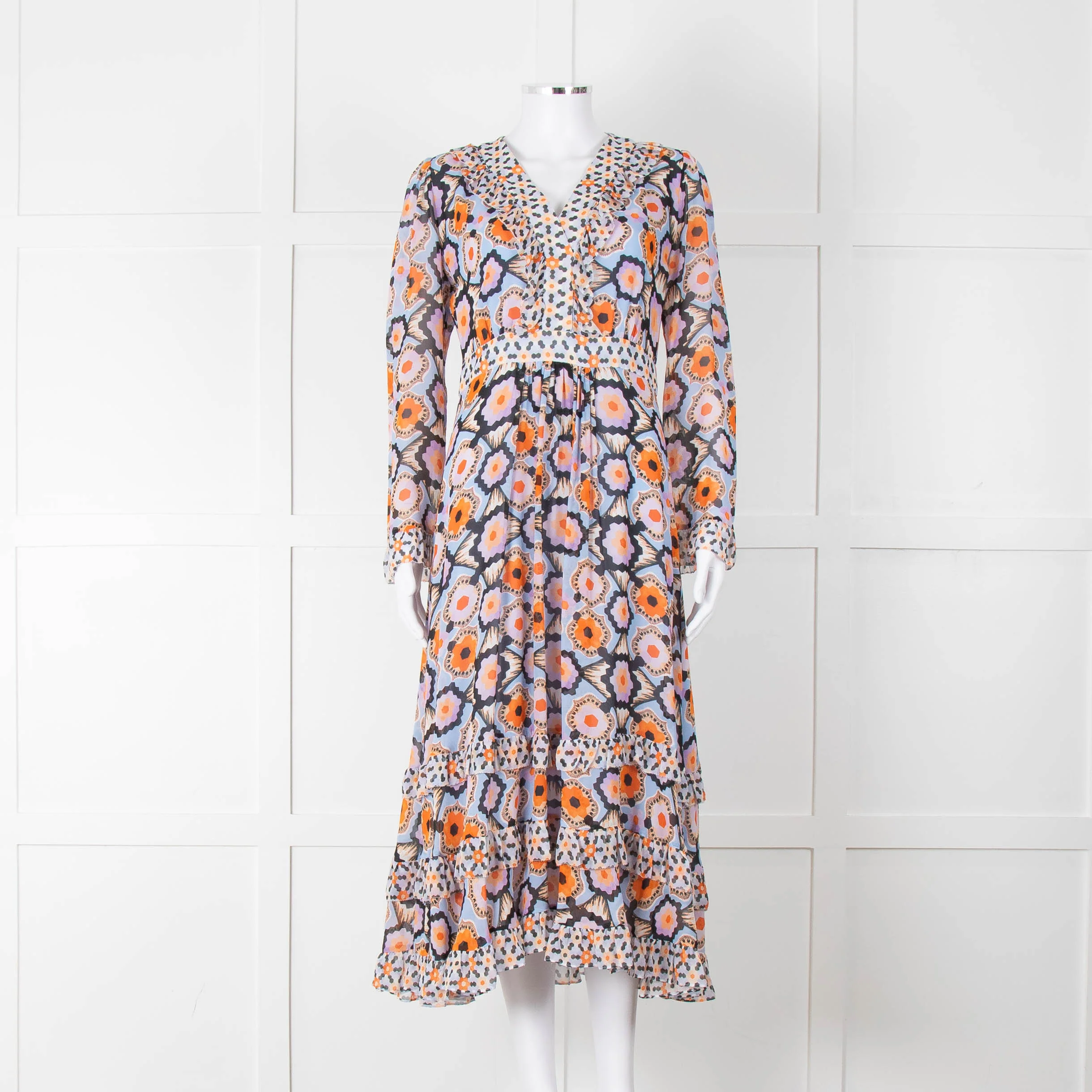 Temperley Blue Orange Ruffle Trim V Neck Ruffle Bottom Long Sleeve