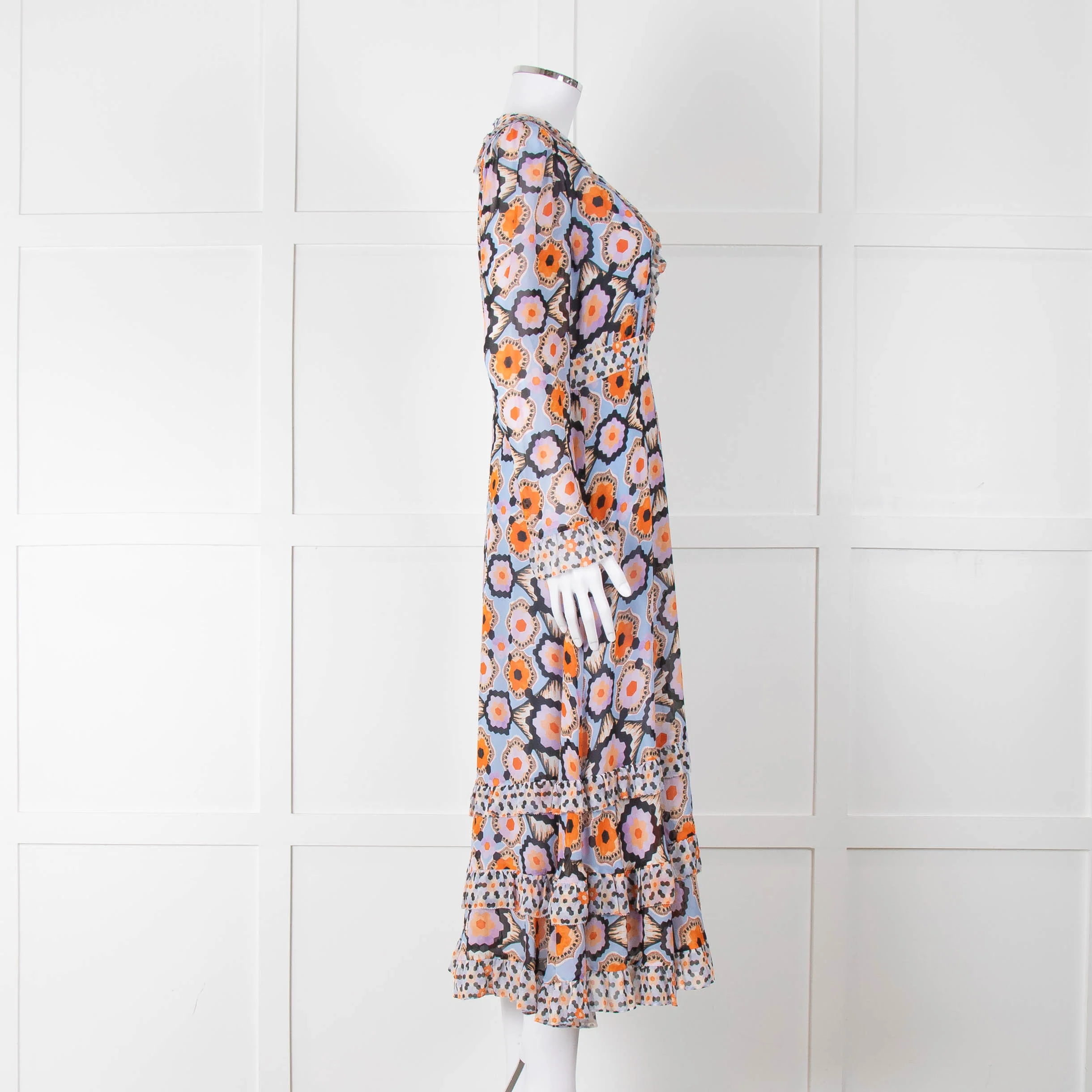 Temperley Blue Orange Ruffle Trim V Neck Ruffle Bottom Long Sleeve - Image 3