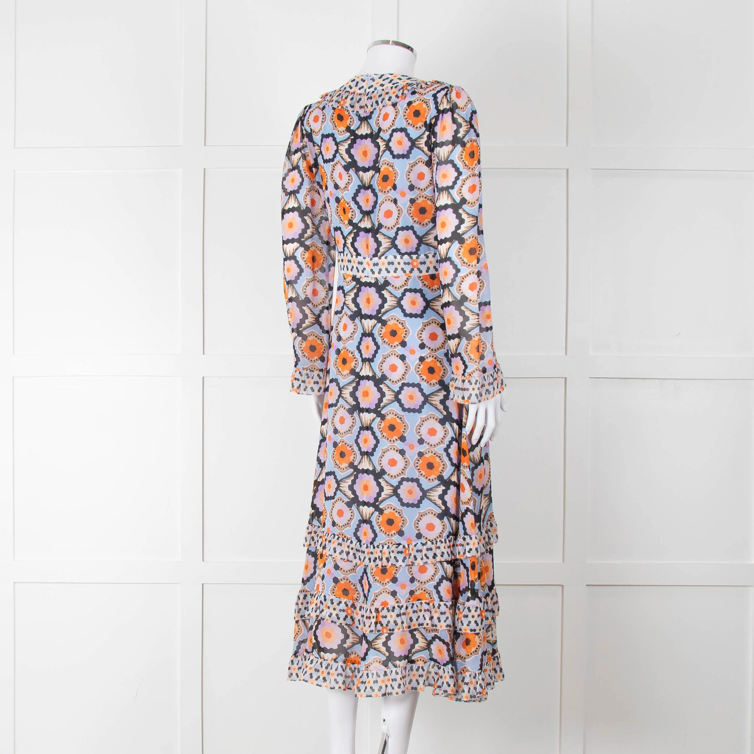 Temperley Blue Orange Ruffle Trim V Neck Ruffle Bottom Long Sleeve - Image 4