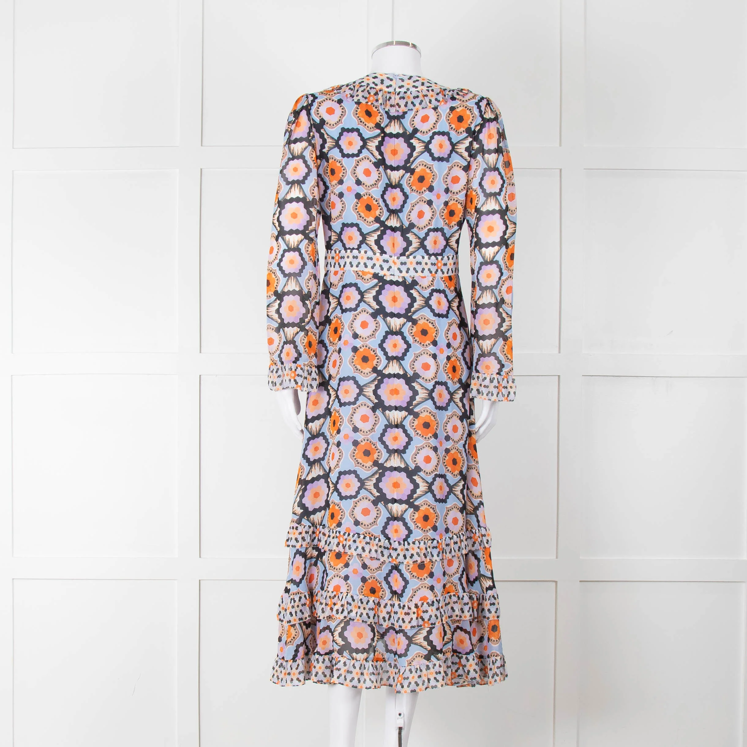 Temperley Blue Orange Ruffle Trim V Neck Ruffle Bottom Long Sleeve - Image 5