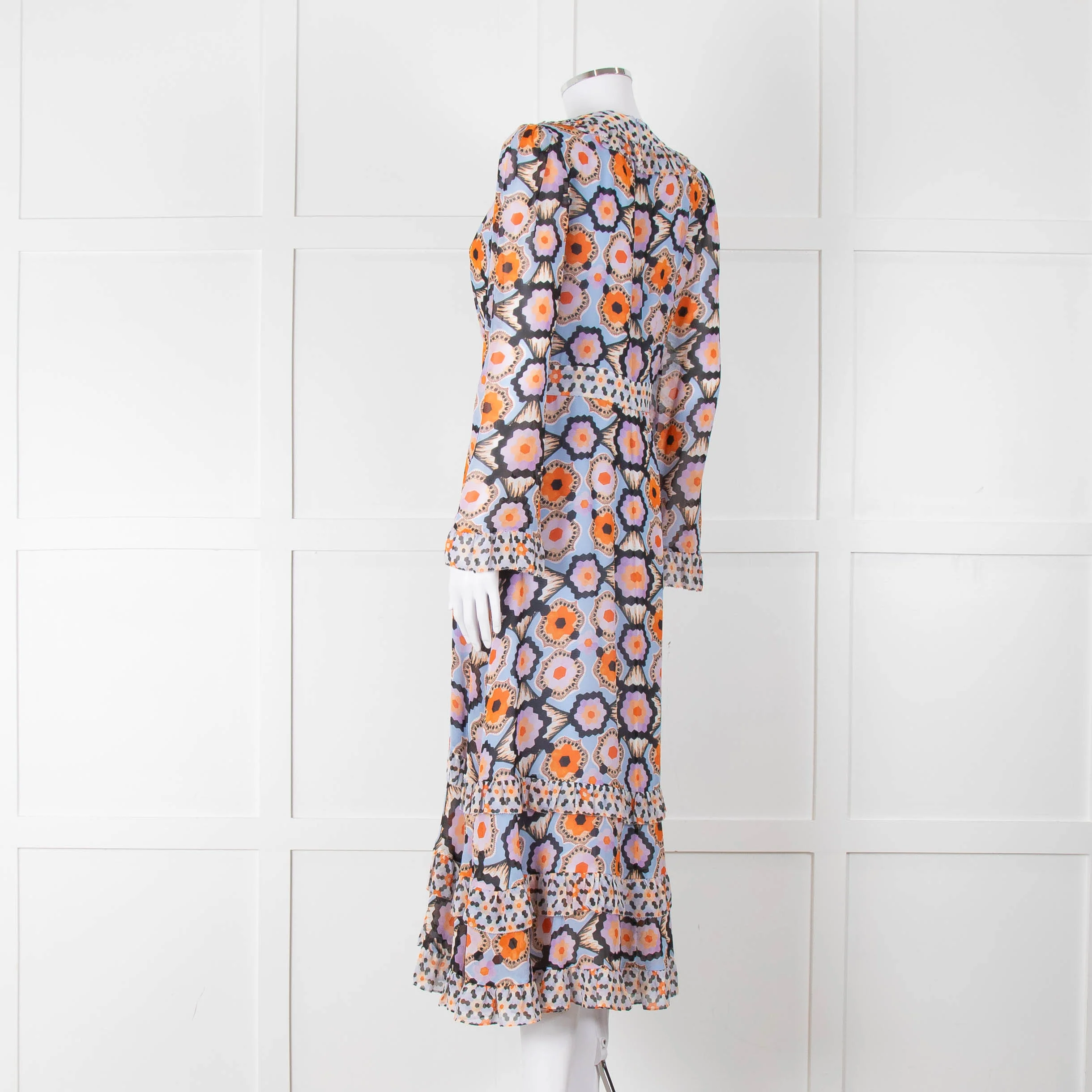 Temperley Blue Orange Ruffle Trim V Neck Ruffle Bottom Long Sleeve - Image 6