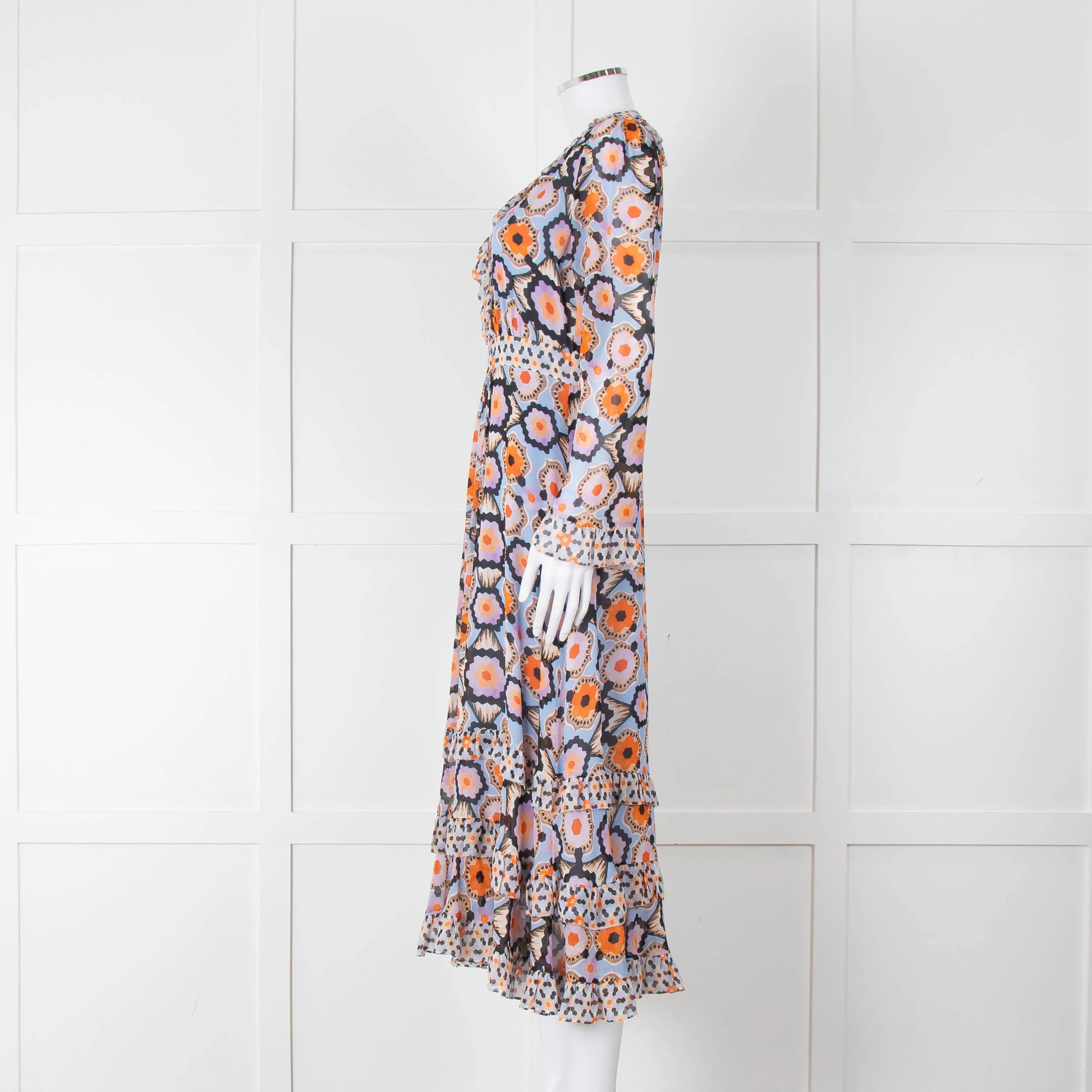 Temperley Blue Orange Ruffle Trim V Neck Ruffle Bottom Long Sleeve - Image 7