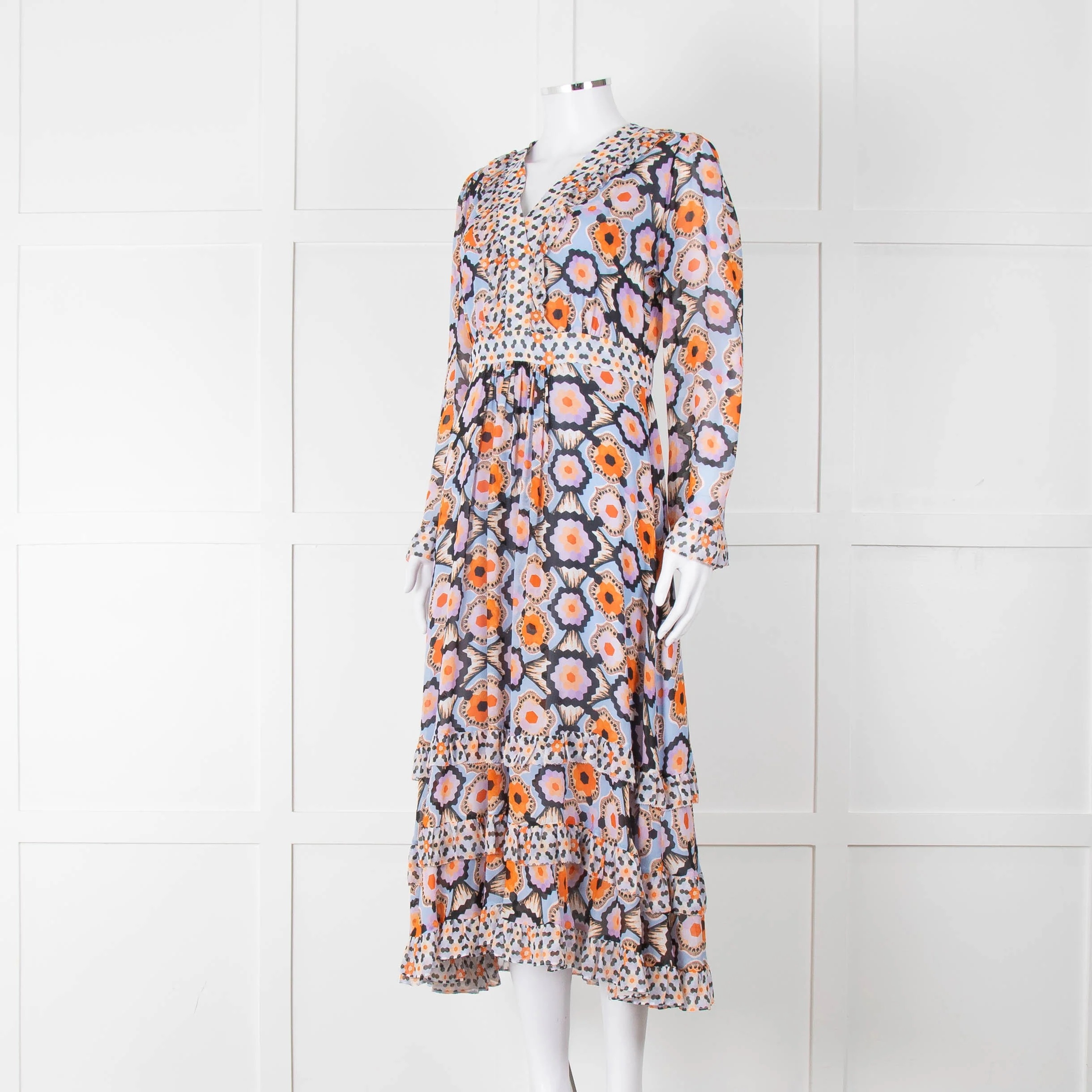 Temperley Blue Orange Ruffle Trim V Neck Ruffle Bottom Long Sleeve - Image 8