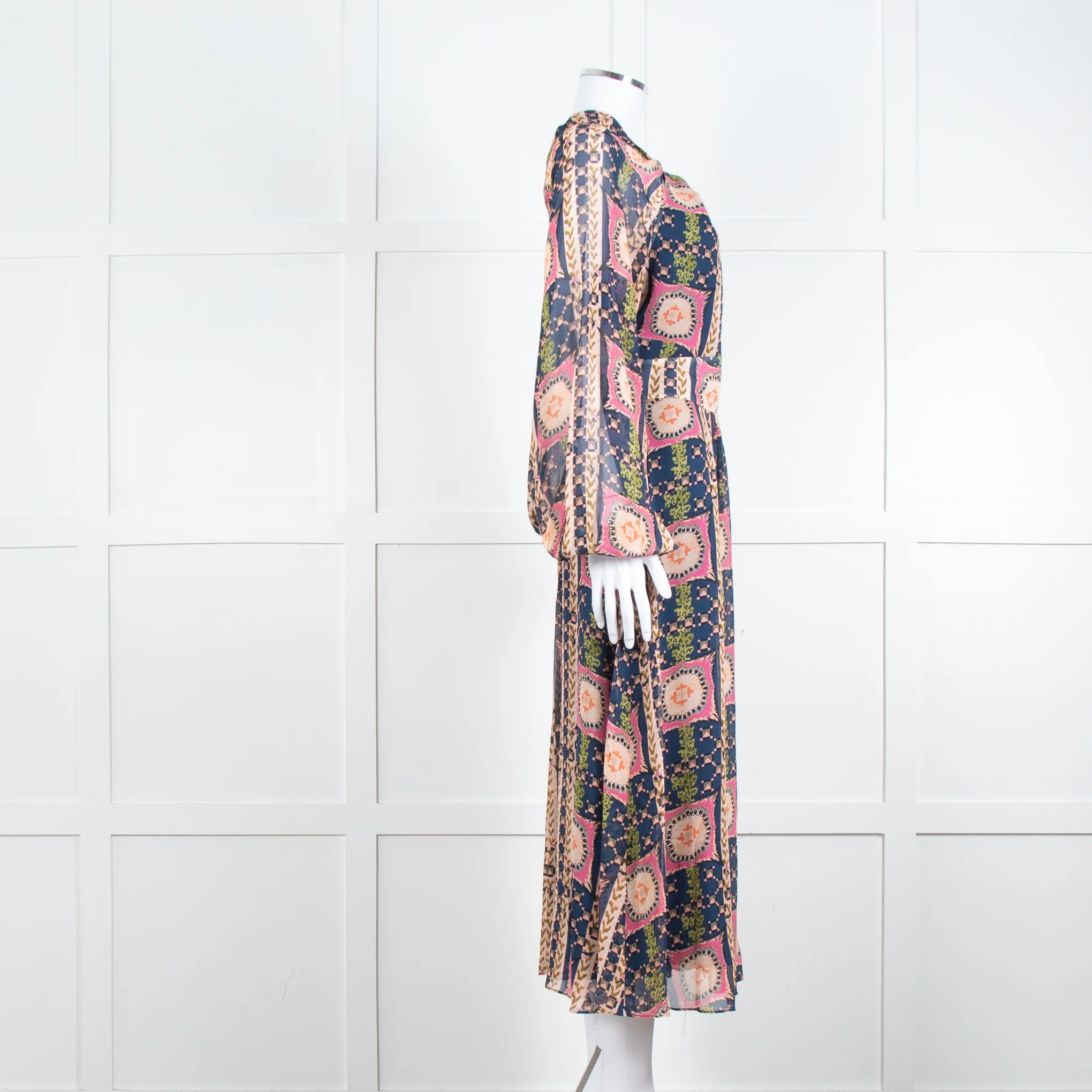 Temperley Pink Blue Silk Long Sleeve Midi Dress - Image 3