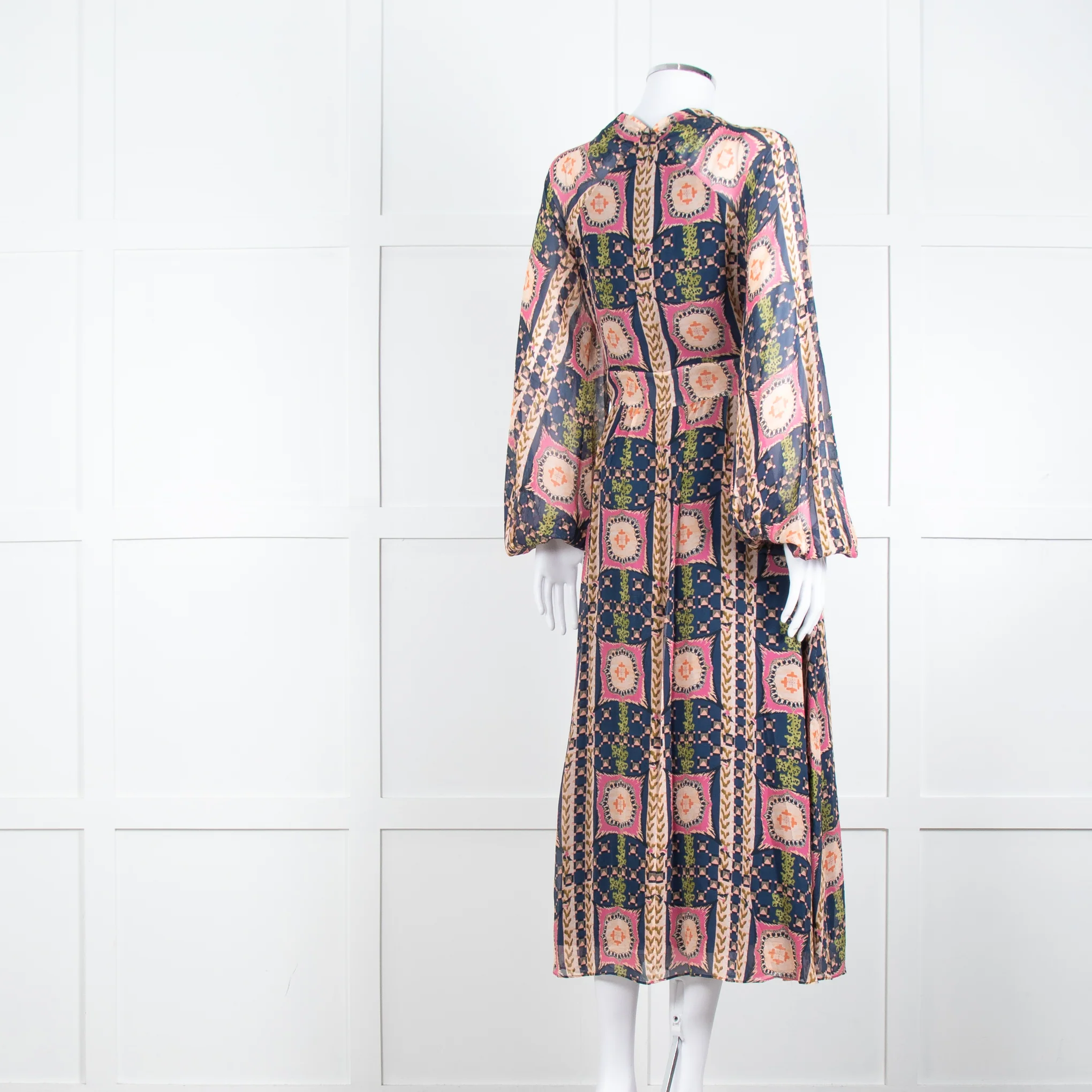 Temperley Pink Blue Silk Long Sleeve Midi Dress - Image 4