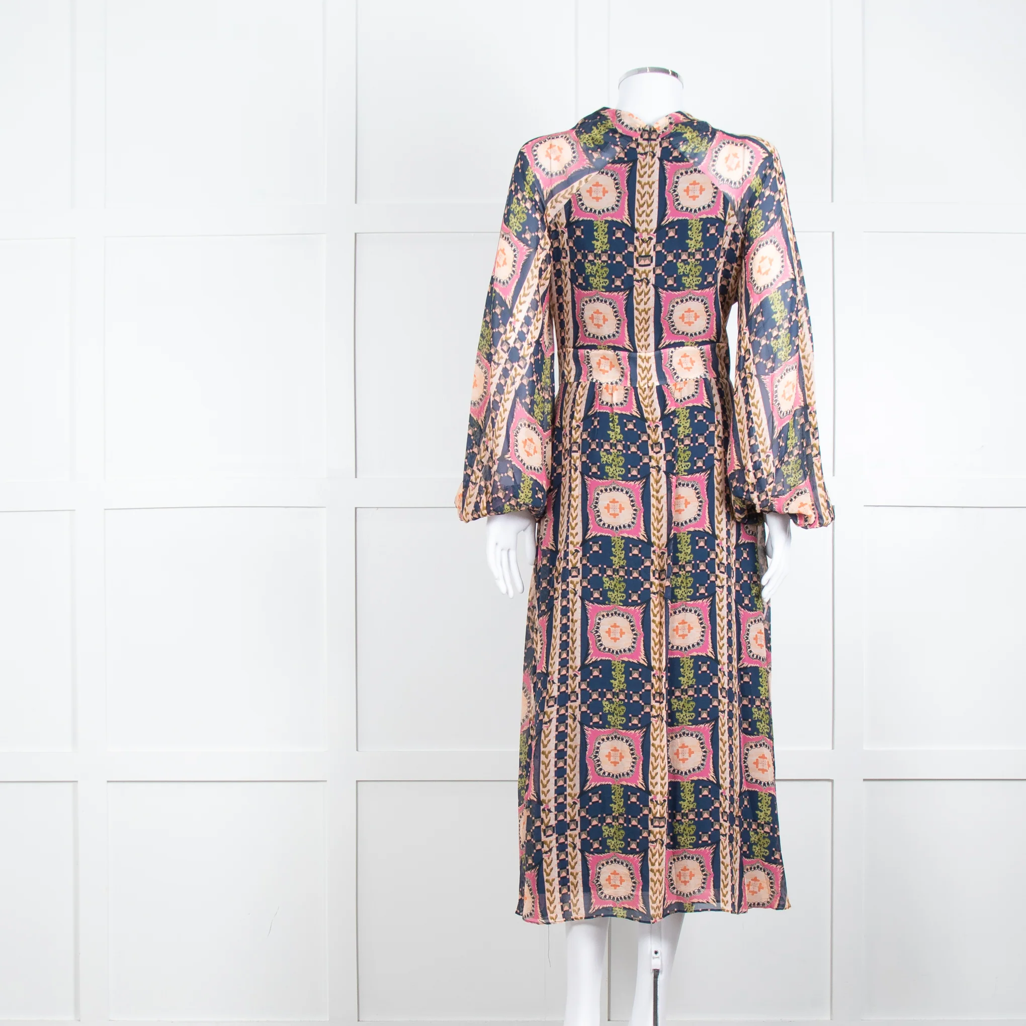 Temperley Pink Blue Silk Long Sleeve Midi Dress - Image 5