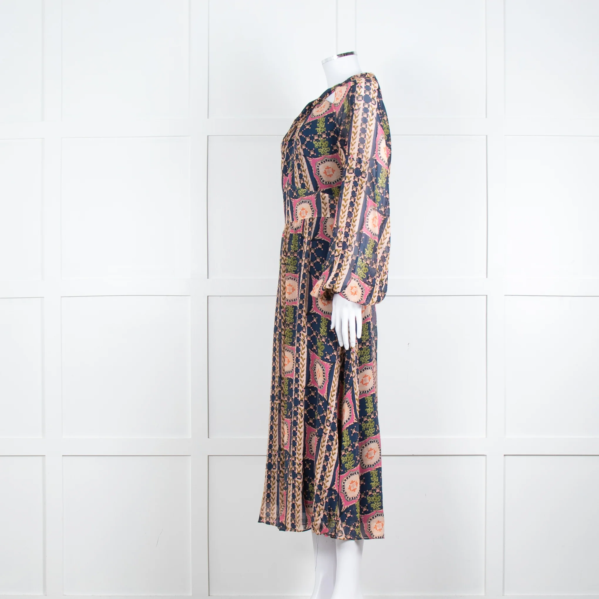 Temperley Pink Blue Silk Long Sleeve Midi Dress - Image 7