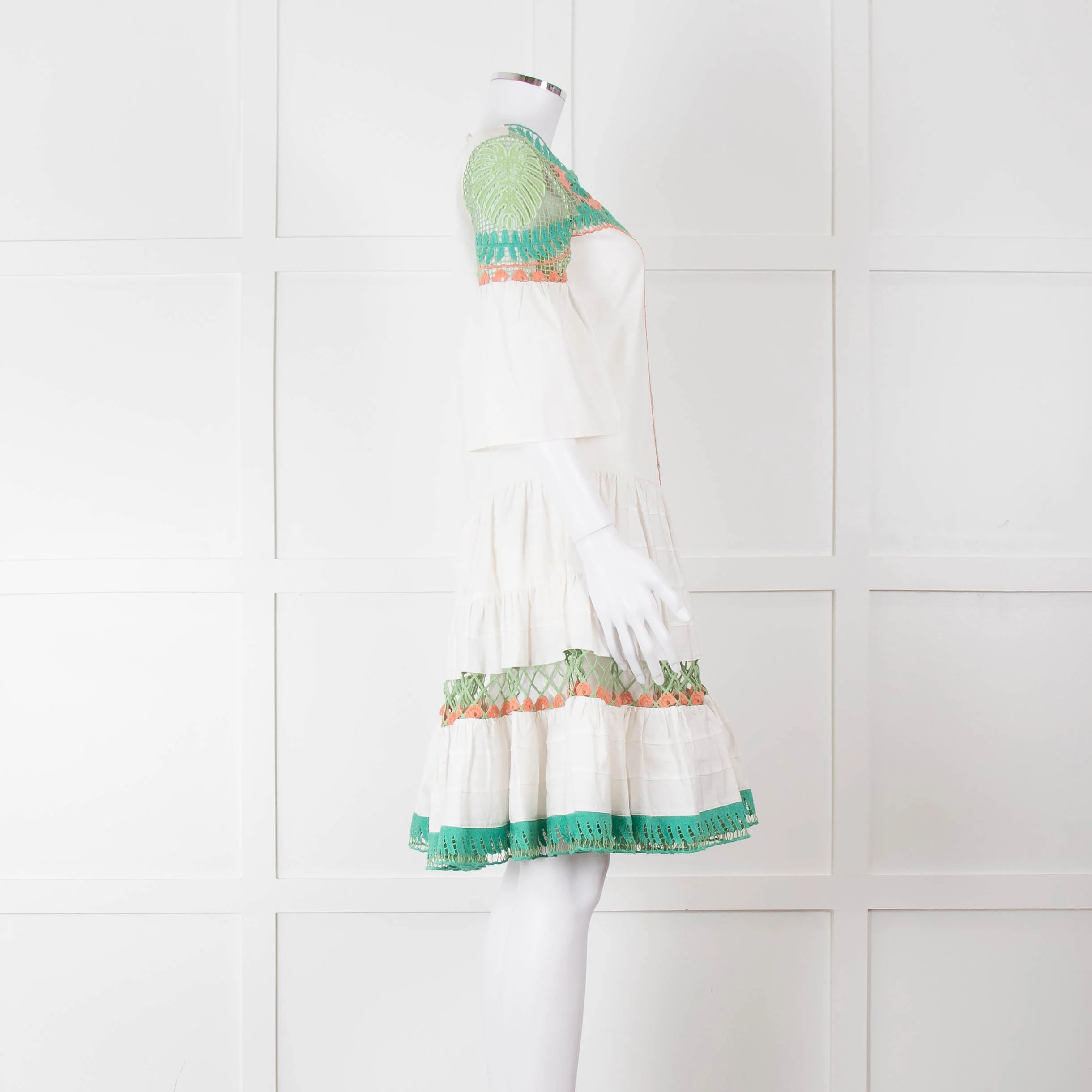 Temperley White Cotton Dress with Green and Pink Lace Panels - Image 3