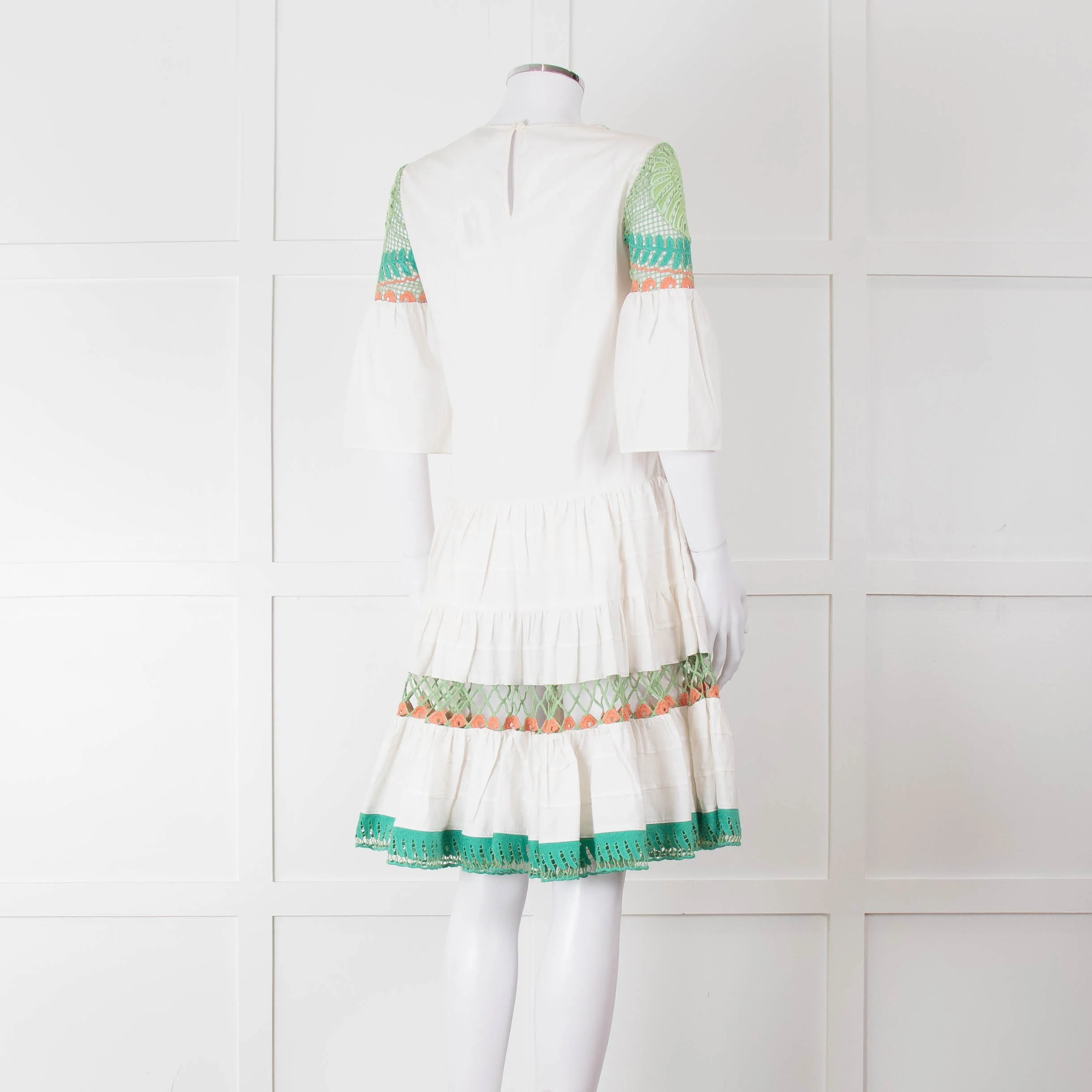 Temperley White Cotton Dress with Green and Pink Lace Panels - Image 4