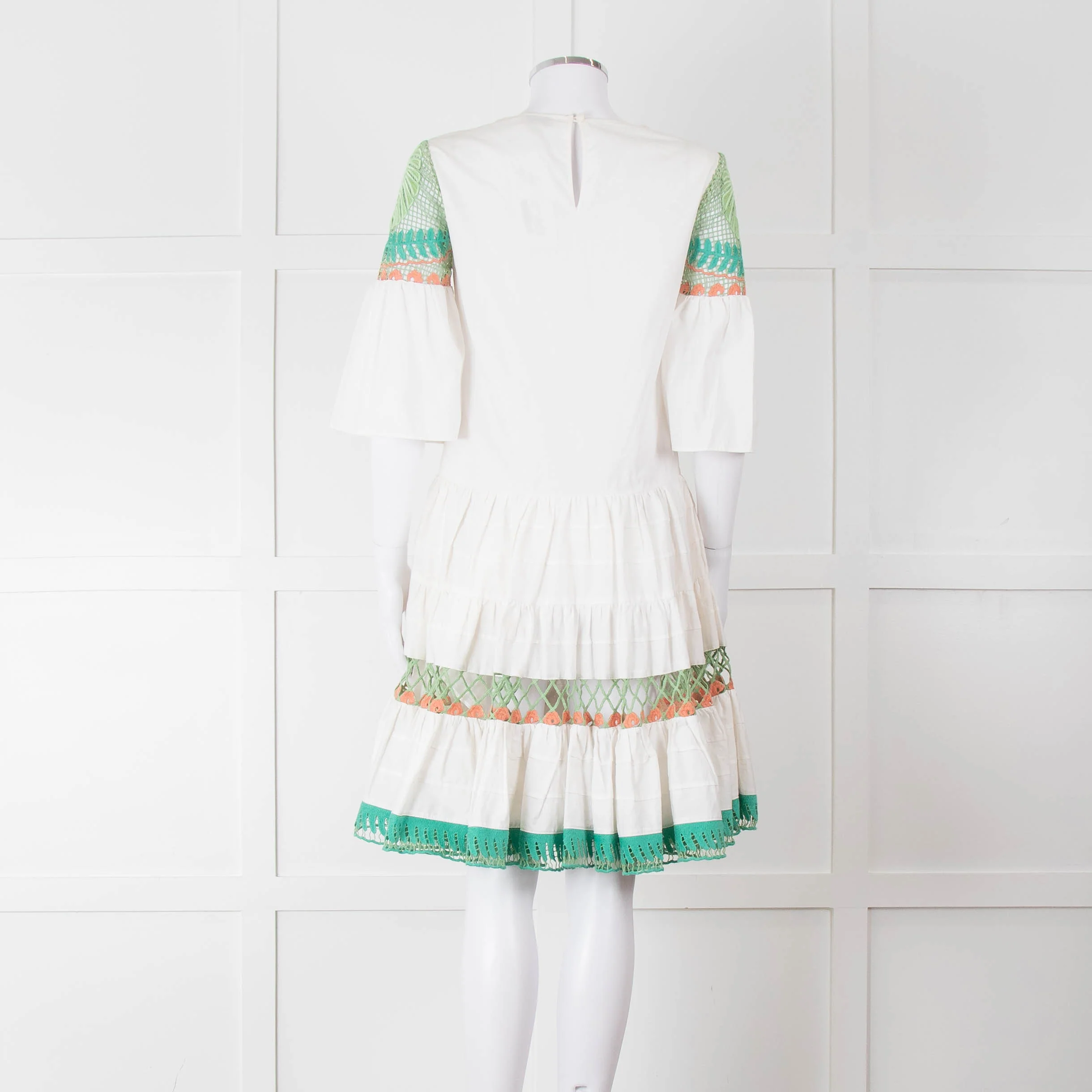 Temperley White Cotton Dress with Green and Pink Lace Panels - Image 5