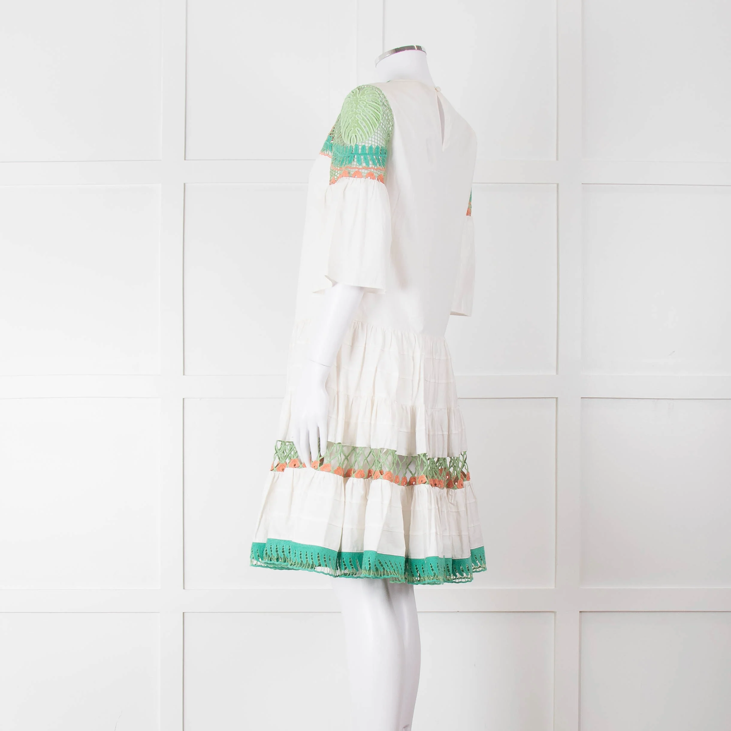 Temperley White Cotton Dress with Green and Pink Lace Panels - Image 6