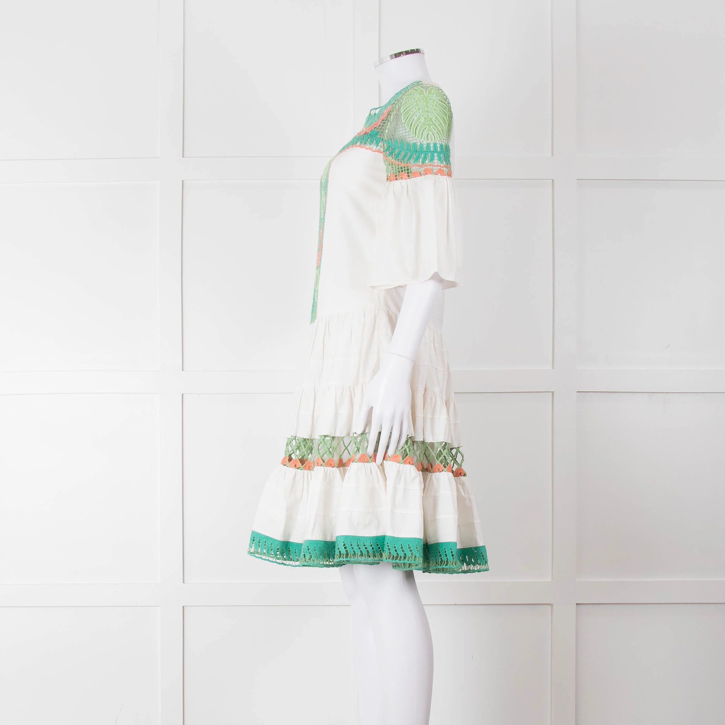 Temperley White Cotton Dress with Green and Pink Lace Panels - Image 7
