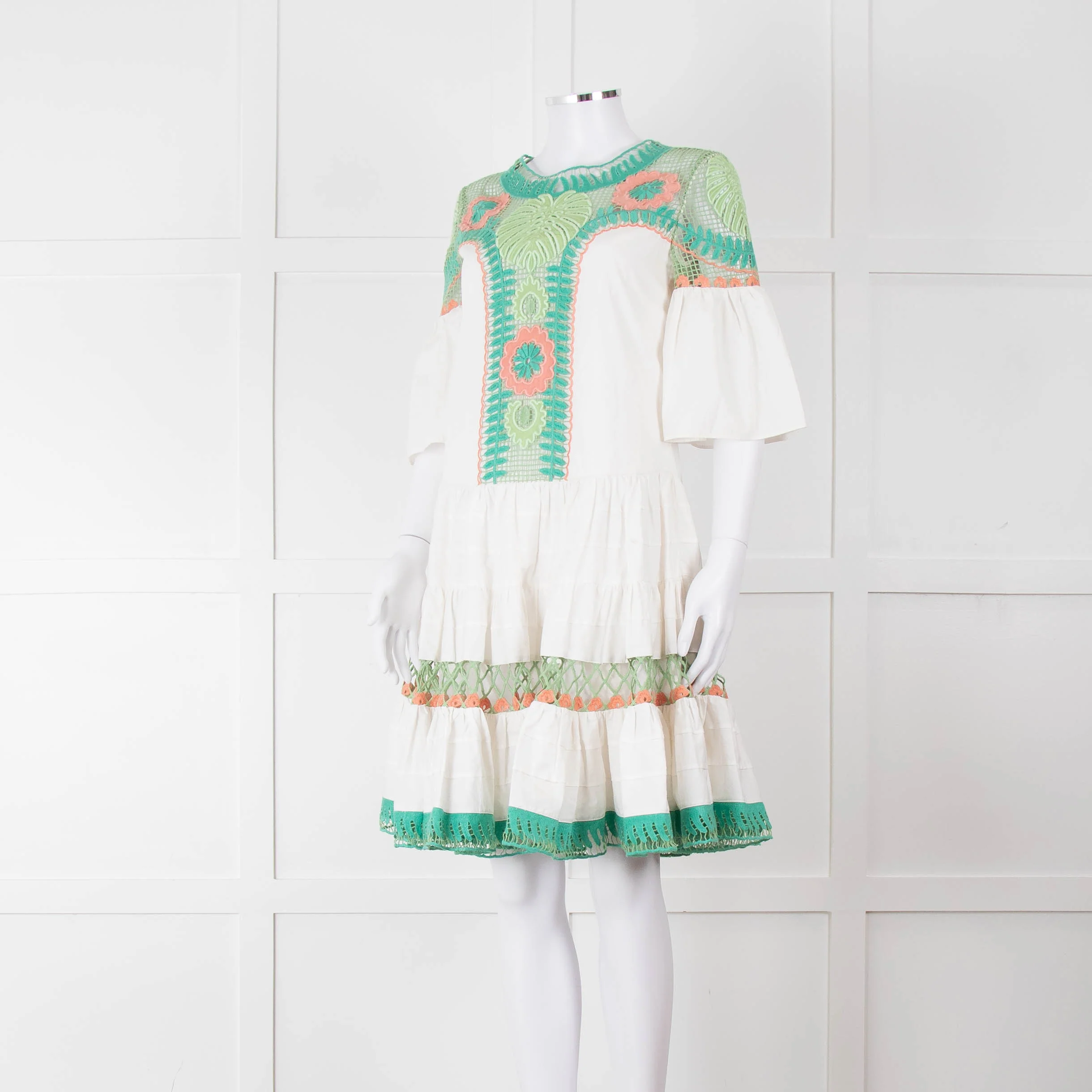 Temperley White Cotton Dress with Green and Pink Lace Panels - Image 8
