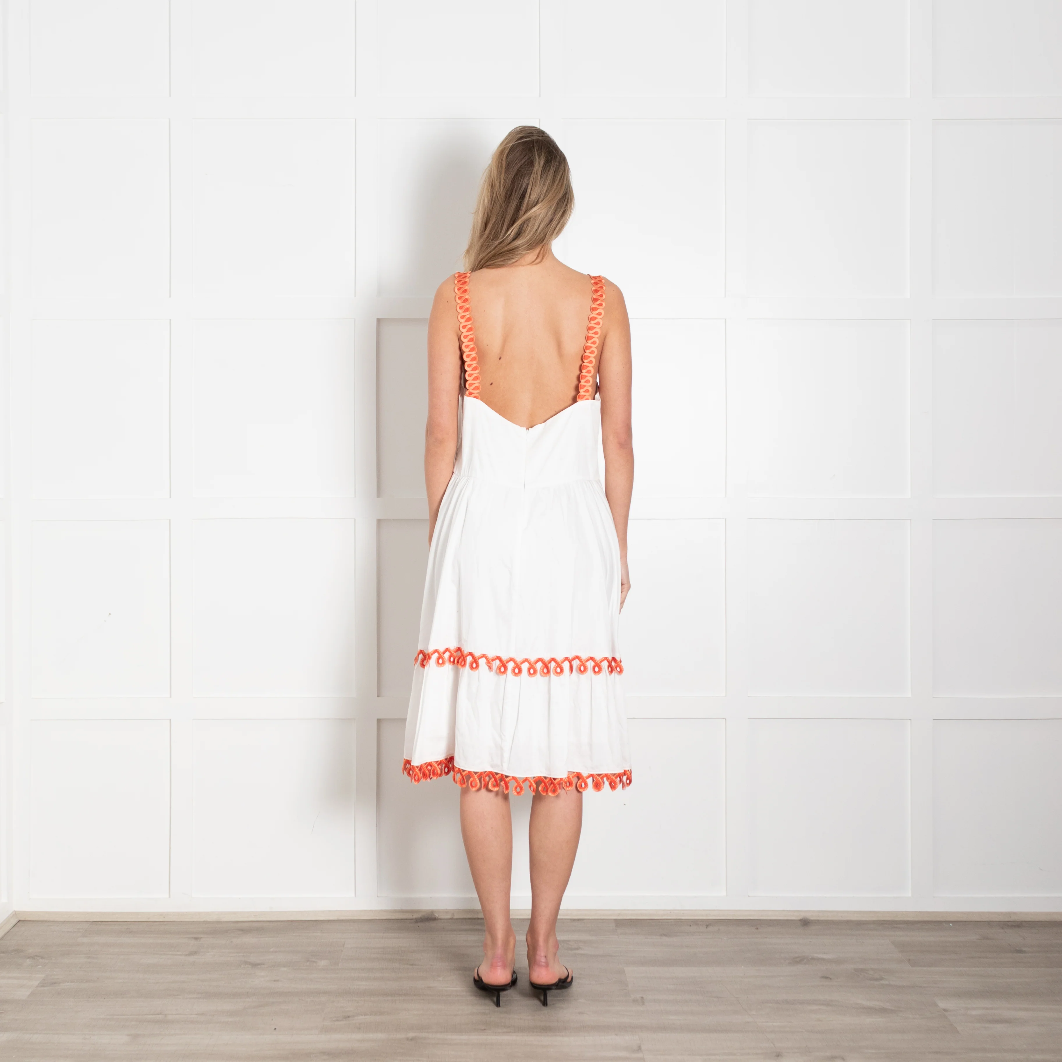 Temperley White Orange Embroidered Sleeveless Cotton Dress - Image 5