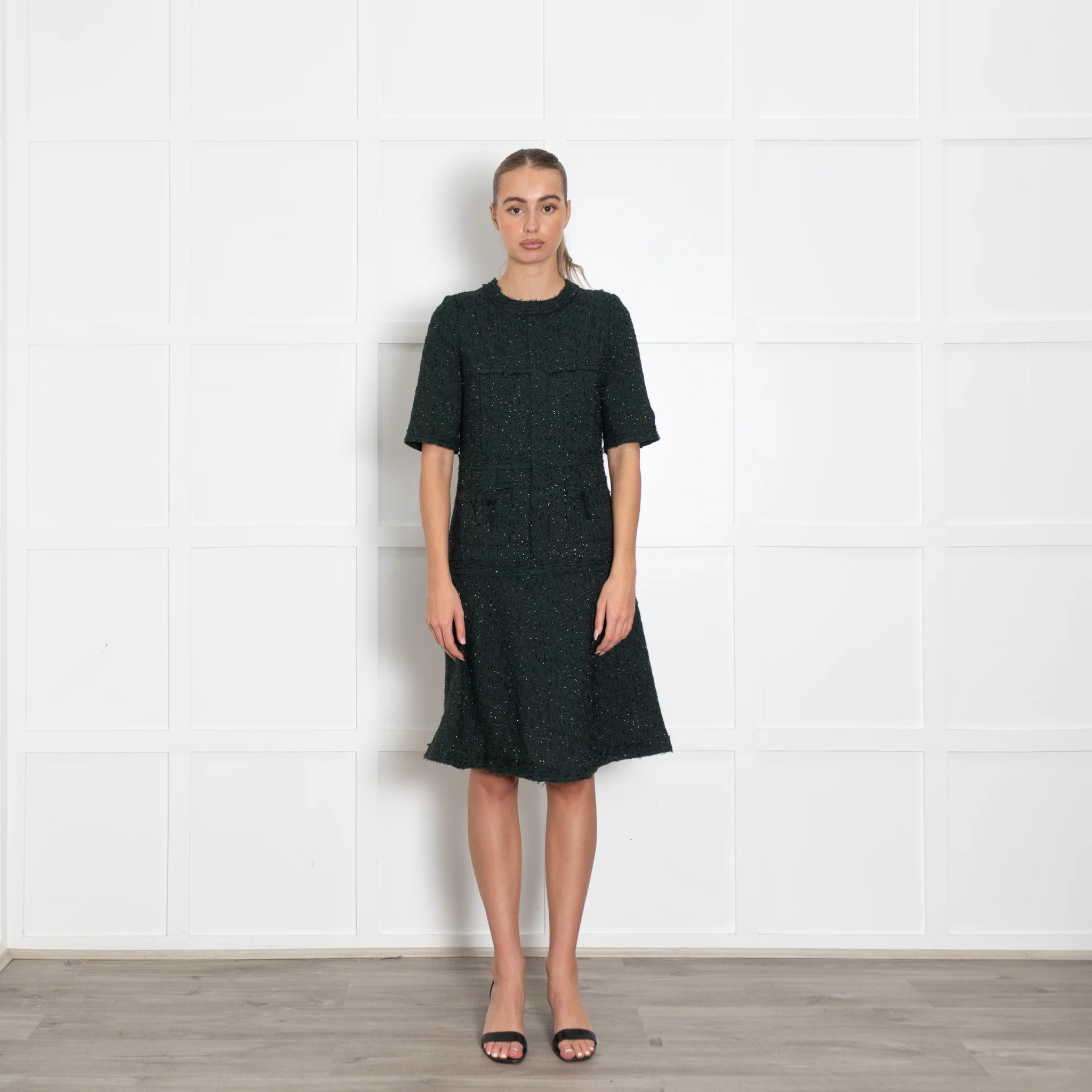 Teri Jon Dark Green Black Lurex Fleck Short Sleeve Dress