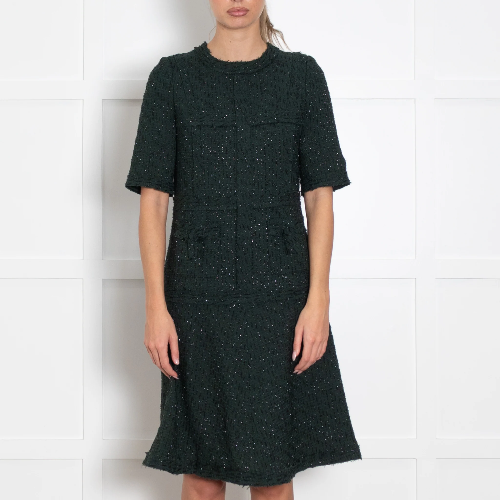 Teri Jon Dark Green Black Lurex Fleck Short Sleeve Dress - Image 2