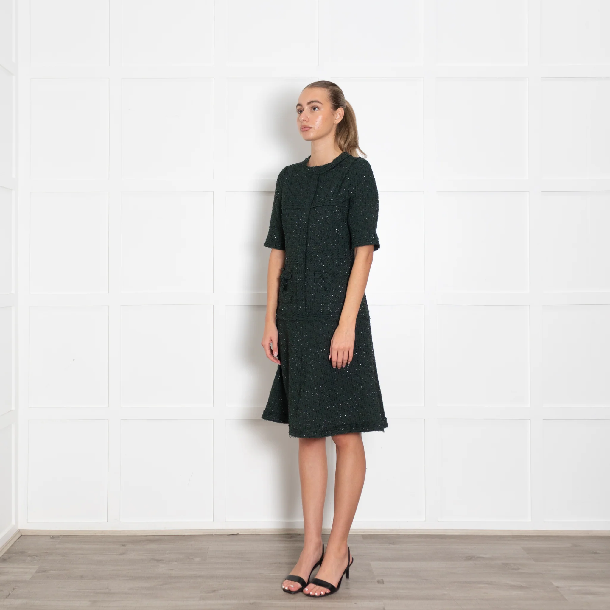 Teri Jon Dark Green Black Lurex Fleck Short Sleeve Dress - Image 3